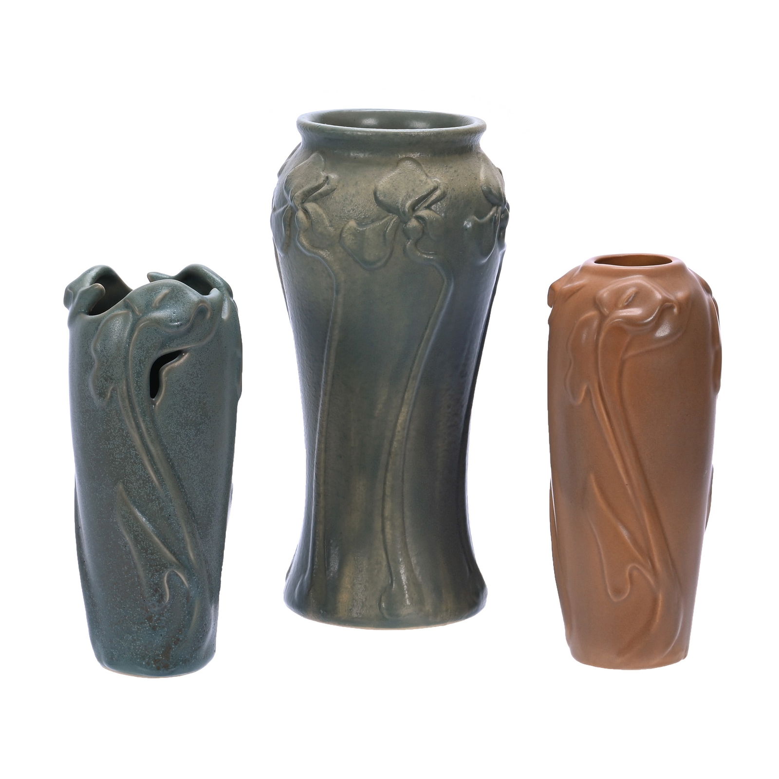 (3) Vases, Van Briggle Art Pottery: (3) Vases, Van Briggle Art Pottery, (1) 9.5" Dated 2009, Green And Cream Glaze, (1) 7.25" Dated 2005, Brown Glaze, (1) 7" Dated 2009 Green And Gray Glaze, 4.2 Pounds, Darrell and Sandy Shulte