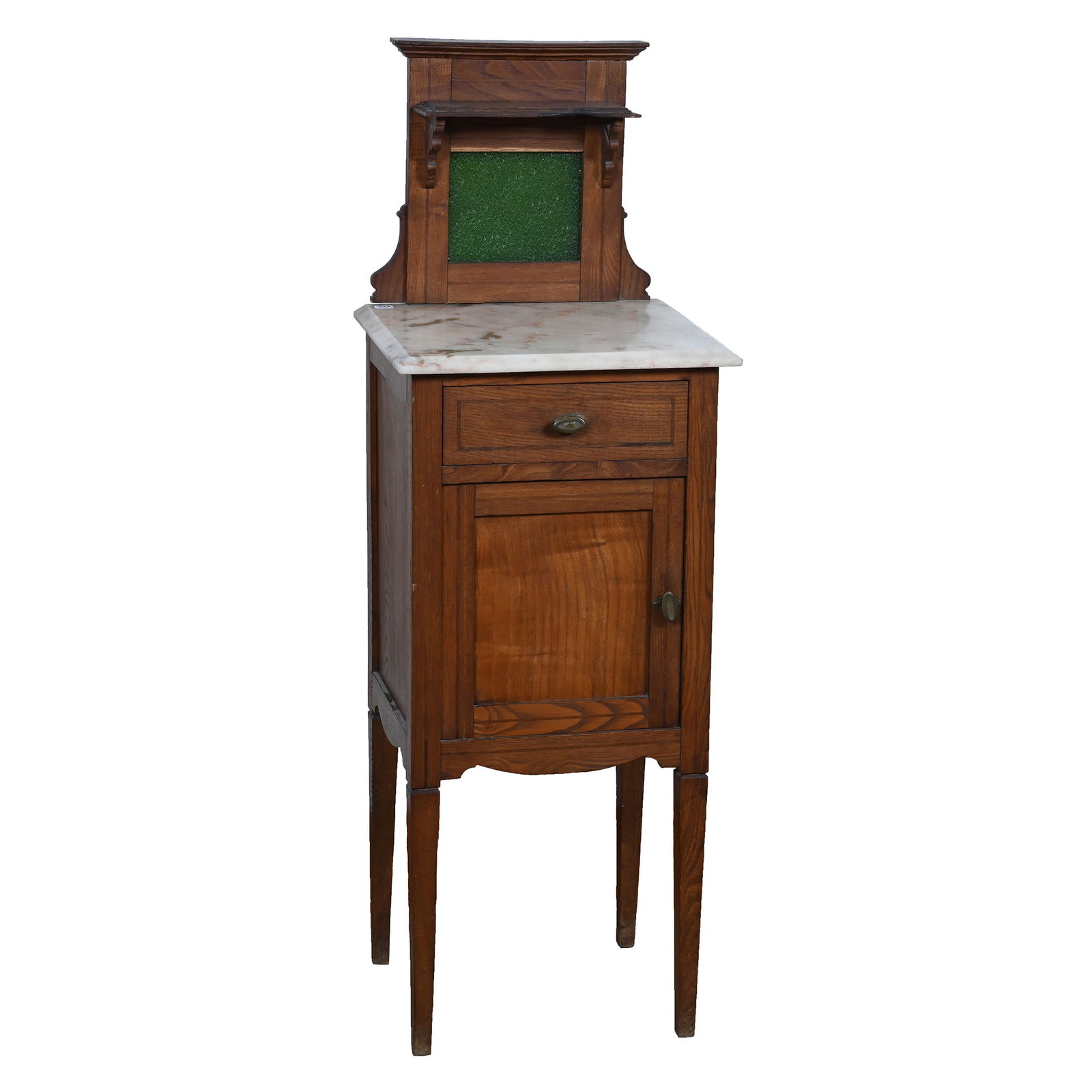 Small Oak Wash Stand With White Marble Top With Pink Veins: Small Oak Wash Stand With White Marble Top With Pink Veins, 45 x 15.25 x 14 Inches, Green Textured Glass Panel, One Door, One Drawer, Shelf Has A Sizeable Notch. Woody Auction Cannot Ship This Item,