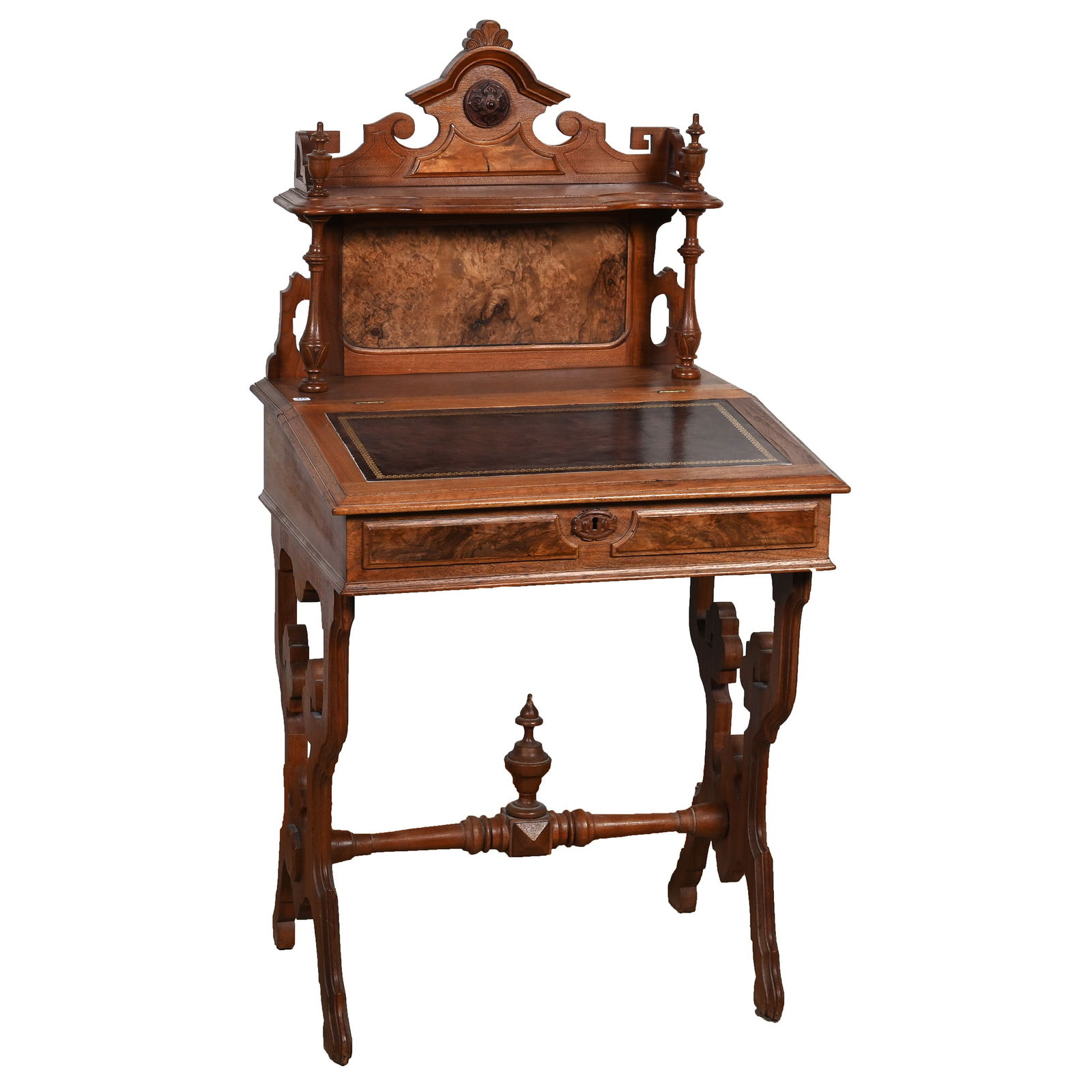 Victorian Burl Walnut Ladies' Writing Desk: Victorian Burl Walnut Ladies' Writing Desk, 52 x 26.5 x 22.5 Inches, Leather Writing Pad, Flip Up Desktop With Interior Compartments, Burl Walnut Panel Highlights. Woody Auction Cannot Ship This