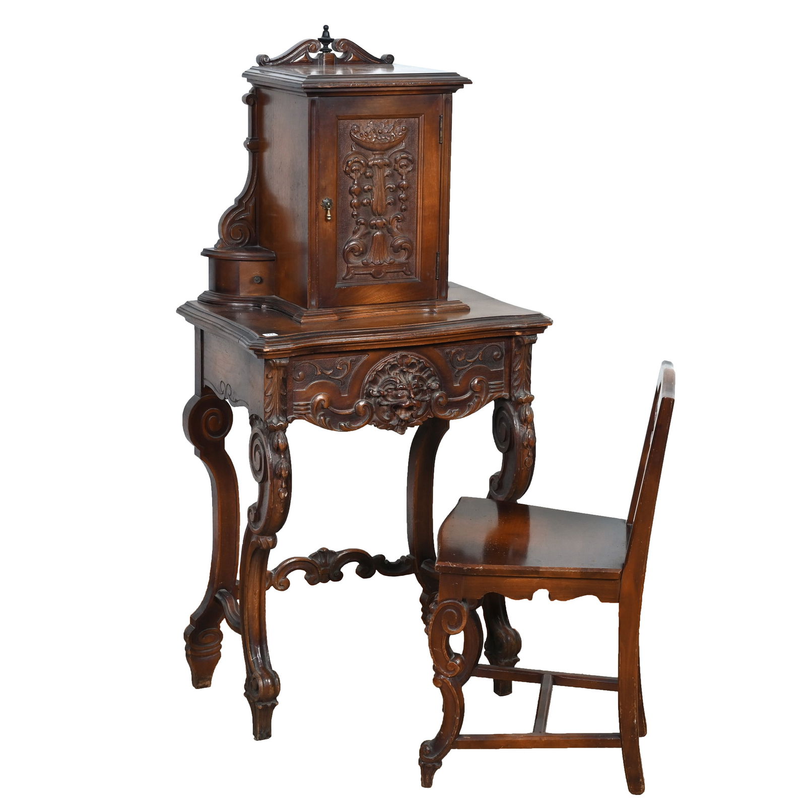 Carved Walnut Telephone Cabinet And Chair: Carved Walnut Telephone Cabinet And Chair, 48 x 22.75 x 14.5 Inches, Single Door, One Large Pull Out Drawer With Lion's Head, Two Discreet Small Drawers, Sells With Original American Bell Candlestick