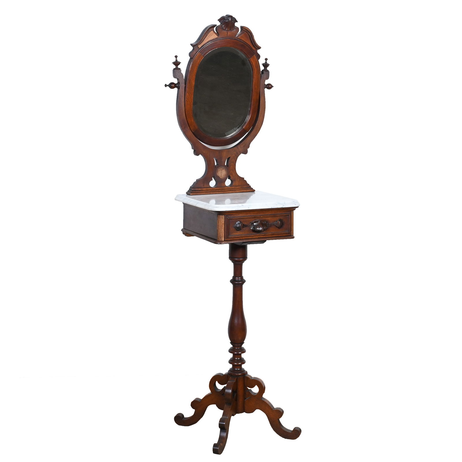 Shaving Stand, Victorian Walnut: Shaving Stand, Victorian Walnut, 69 x 20 x 14.5 Inches, With Beveled Oval Mirror, White Marble Top, Single Drawer, One Of The Mirror Knob Finials Is Chipped Off. Woody Auction Cannot Ship This Item,