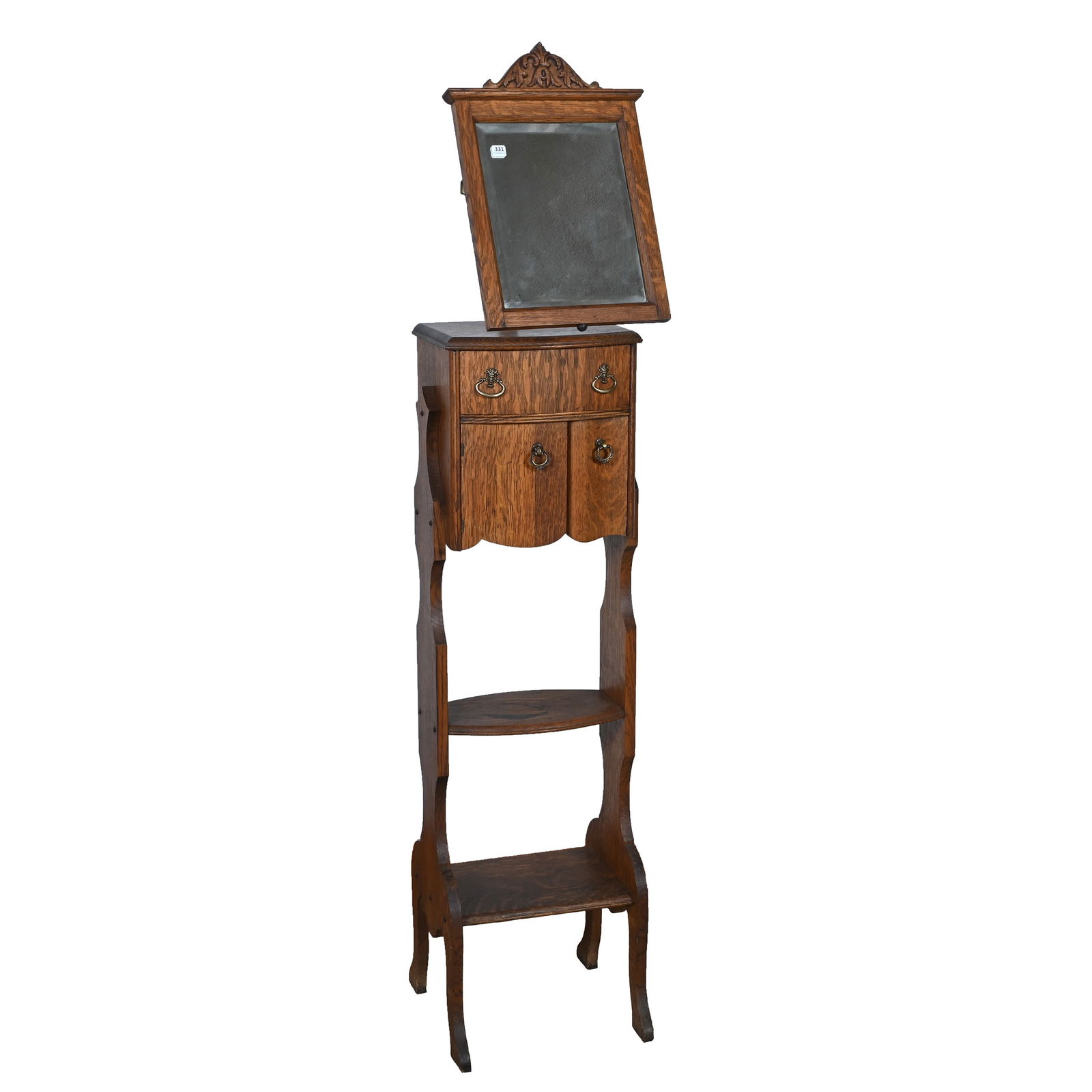 Shaving Stand, Oak: Shaving Stand, Oak, 66.5 x 14 x 14 Inches, One Drawer, One Swing Drawer, And One Drop Down Door, Beveled Adjustable Mirror, Two Shelves, Nice Quality. Woody Auction Cannot Ship This Item, It Must Be