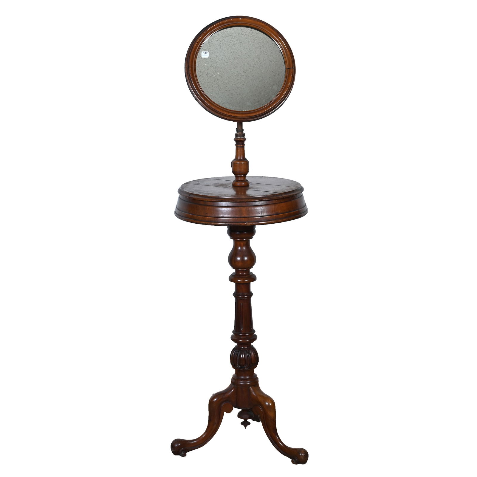 Shaving Stand, Walnut: Shaving Stand, Walnut, 57 x 17 x 17 Inches, Three Legged Stand With Circular Platform And Two Flip Up Storage Boxes, Round Adjustable Mirror, No Vertical Adjustment, But Rotational Adjustment