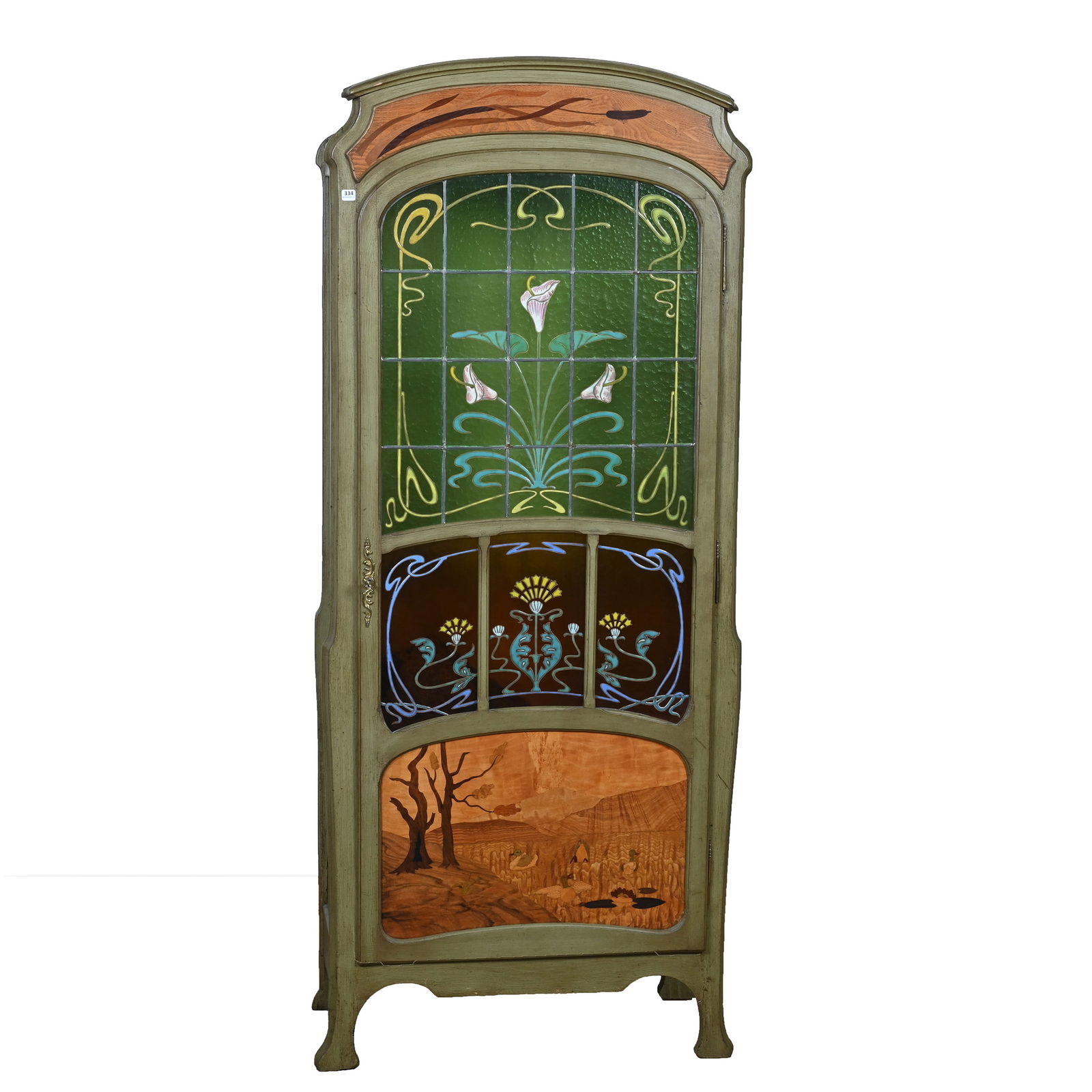 China Cabinet: China Cabinet, 69 x 30 x 14 Inches, French Style Inlay Panels Featuring Ducks On Pond And Cattail Motif, Leaded Glass Panels With Heavy Floral Enamel Highlights, Three Wooden Shelves, Green Paint