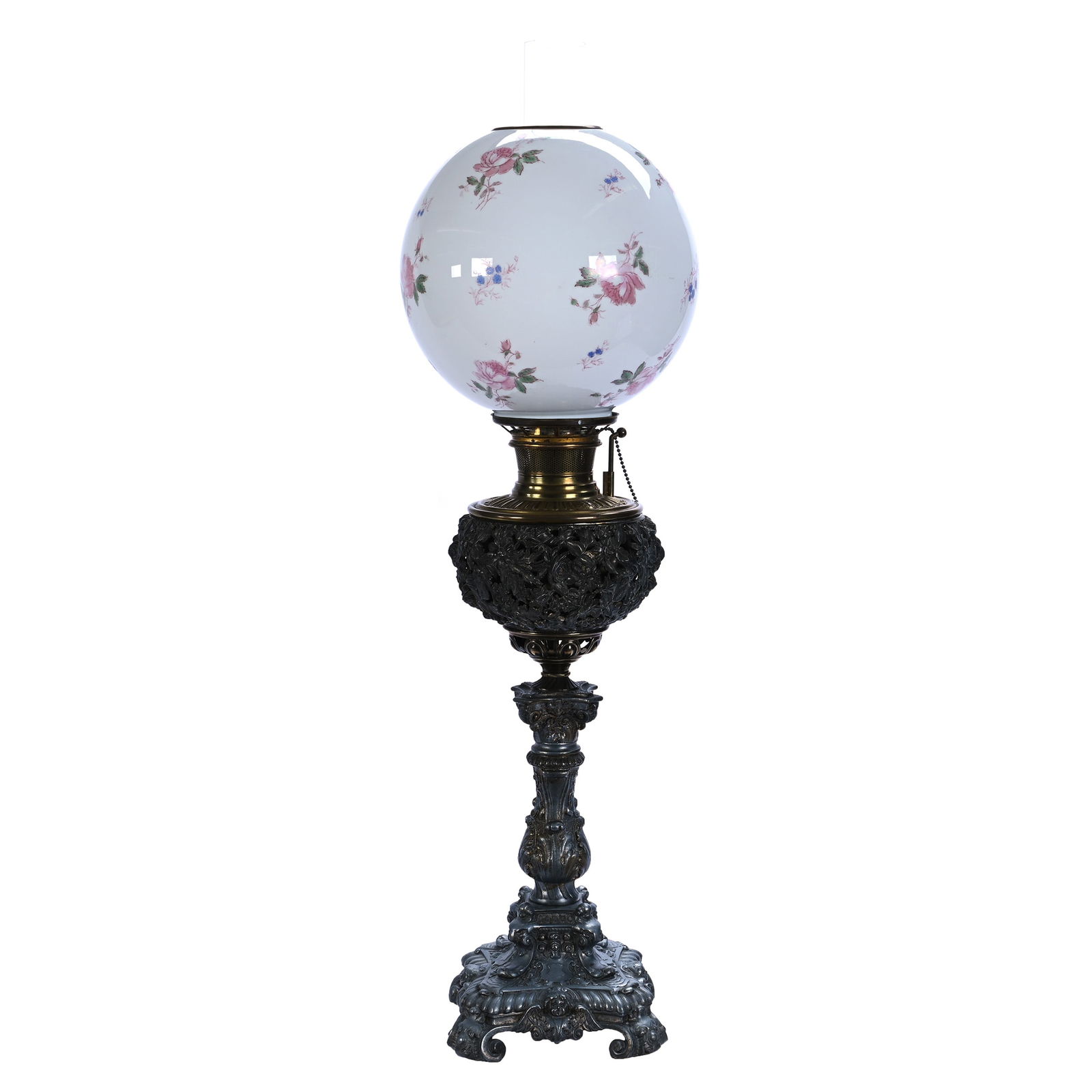 Banquet Lamp, Elaborate Embossed White Metal Base With Cherub And Floral Design: Banquet Lamp, Elaborate Embossed White Metal Base With Cherub And Floral Design, 31 x 10 x 10 Inches, Electrified Bradley And Hubbard Font, White Shade With Pink Rose Decor, 13 Pounds, Marlene And