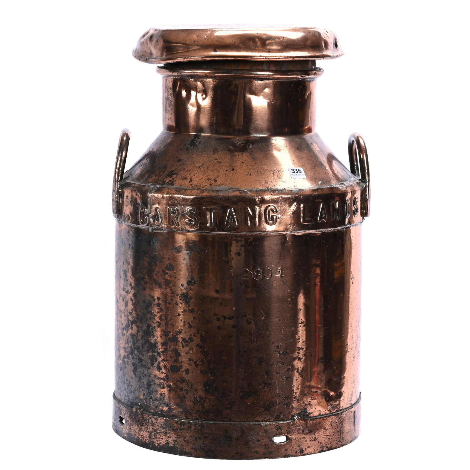 English Copper Milk Jug: English Copper Milk Jug, 21.5 x 13 x 13 Inches, Raised Letters "Garstang Creamery" And "Lancs", Lid Is Inscribed "C&G Prideaux Ltd" And "Empty To Evercreech", Has Expected Tarnish And Dents Of The