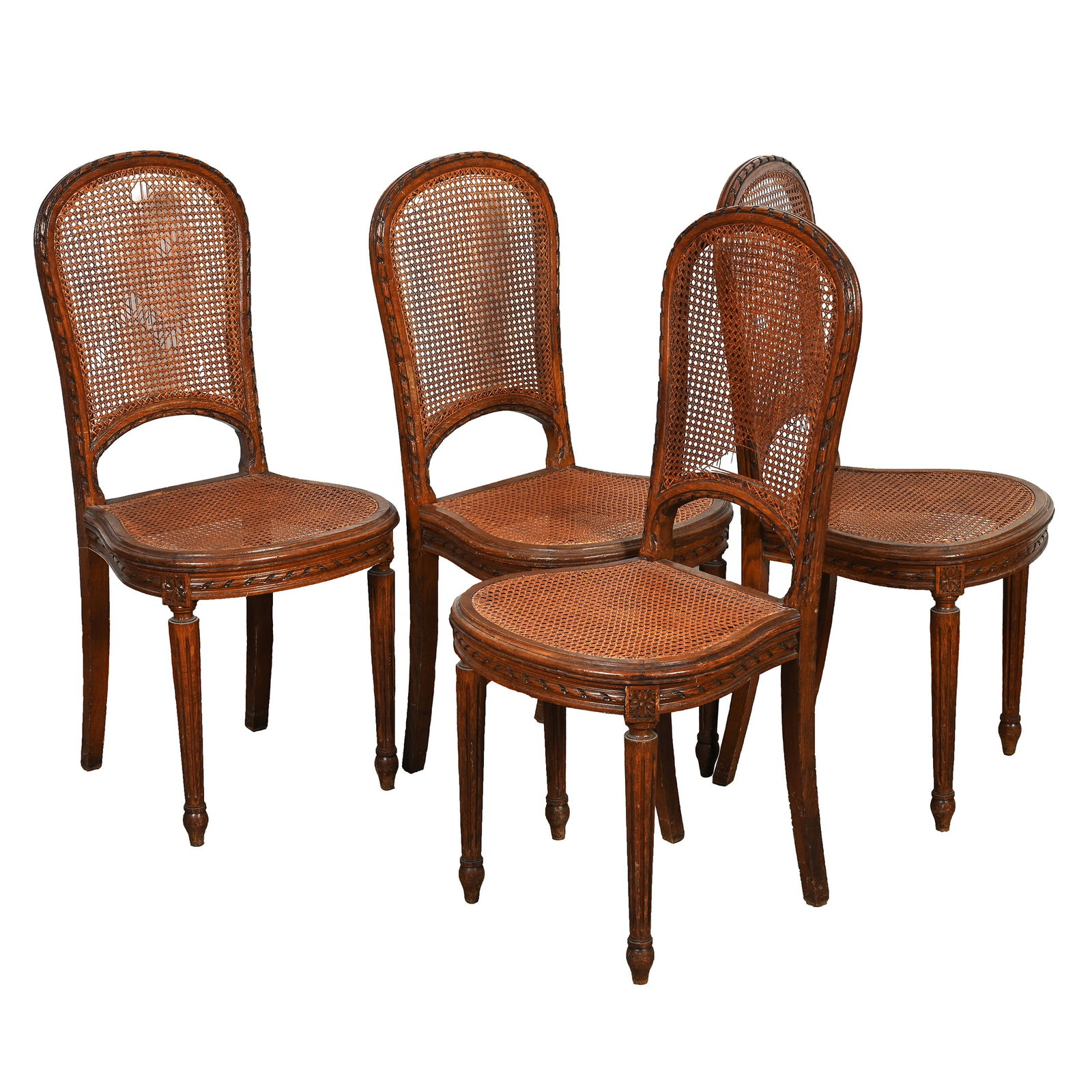 (4) Oak Chairs, Cane Back And Bottom: (4) Oak Chairs, Cane Back And Bottom, 38 x 18 x 15 Inches, Owner Purchased This Set In 1990 As King Louis XIV, Backs Of All Four Chairs Do Have Some Tears In The Cane. Woody Auction Cannot Ship This