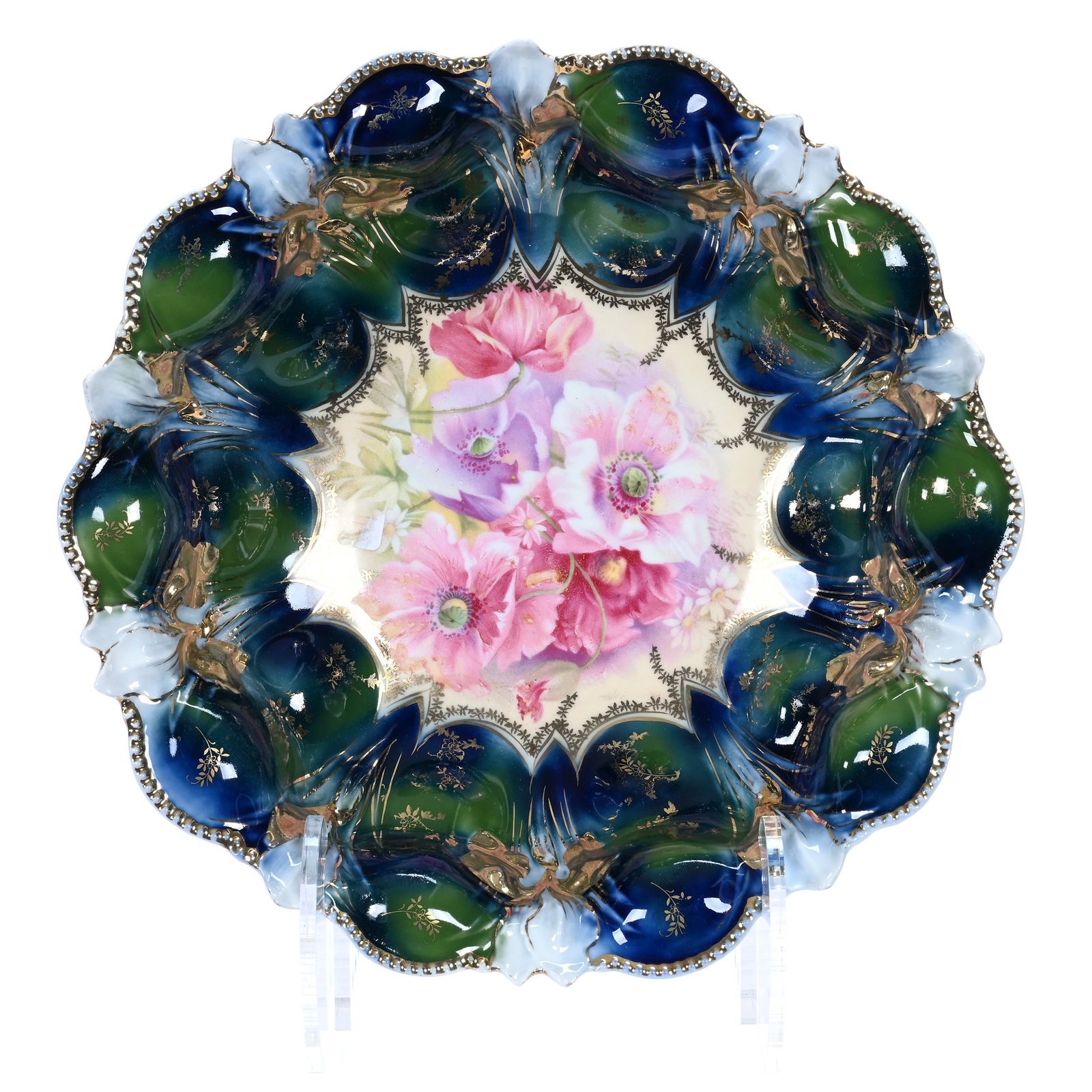 Bowl, Prussia (Wheelock Trademark, Iris Variation Mold): Bowl, Prussia (Wheelock Trademark, Iris Variation Mold), Cream Center With Poppy Decor, Green And Cobalt Blue Border With Gold Stencil Highlights, 10.25 x 10.25 x 3 Inches, Private Collection, Indiana