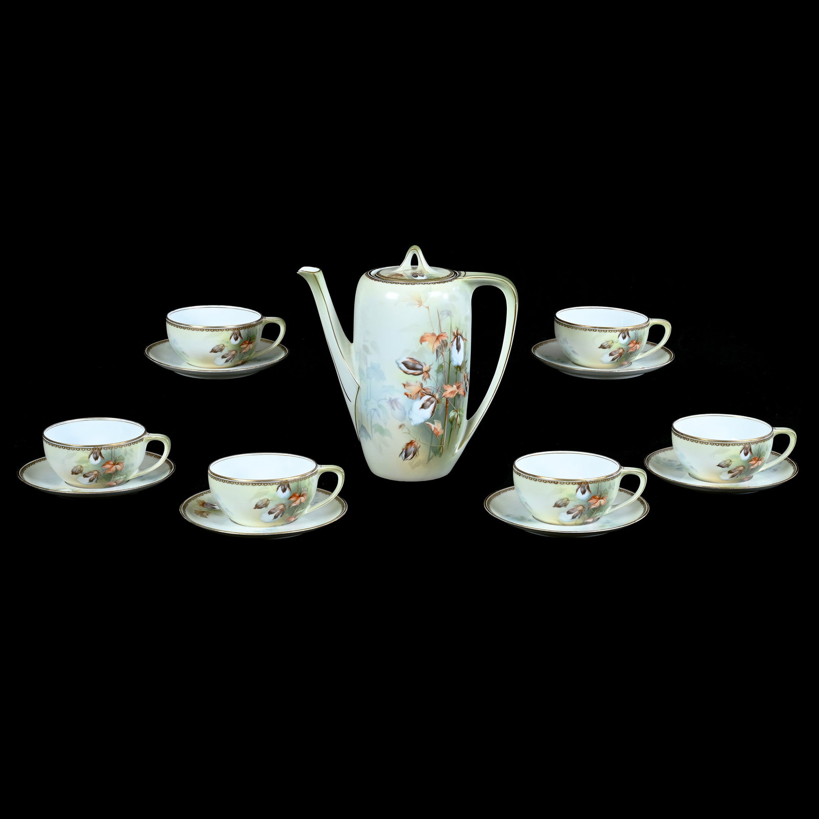 Coffee Set, Marked R.S. Germany, Cotton Plant Pattern: Coffee Set, Marked R.S. Germany, Cotton Plant Pattern, Yellow And Blue Tones With Cotton Plant Decor, (1) Coffee Pot, 8.5 x 8 x 4.25 Inches, With (6) 2.25" x 5.5" Cups And Saucers, The Dr. James F. Sh