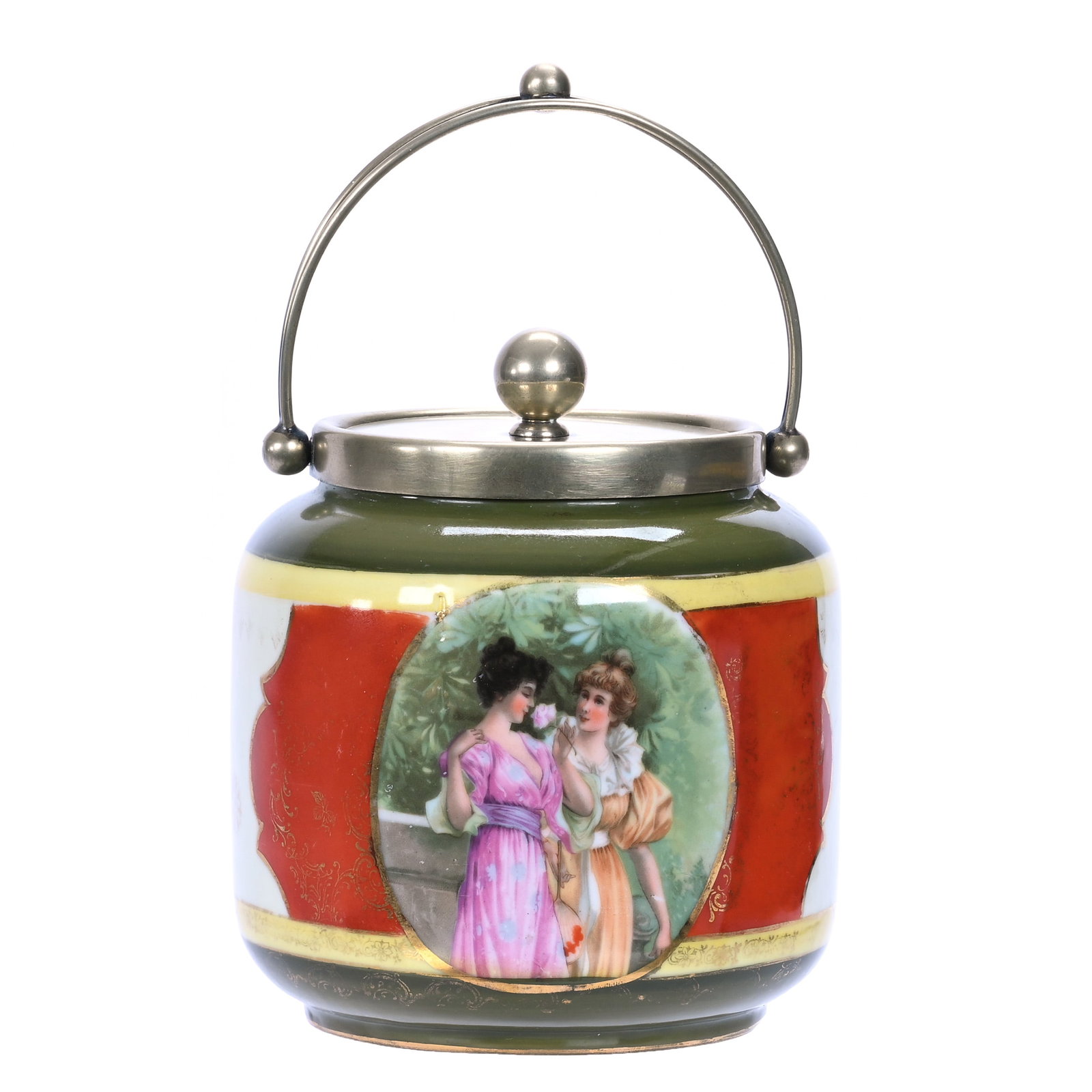 Biscuit Jar, Marked R.S. Suhl: Biscuit Jar, Marked R.S. Suhl, Belles Of Linden Portrait On Red And Cream Background With Yellow And Green Border, Gold Stencil Highlights, Some Fading Of Gold Stencil, 6.5 x 5.5 x 5.5 Inches, Private