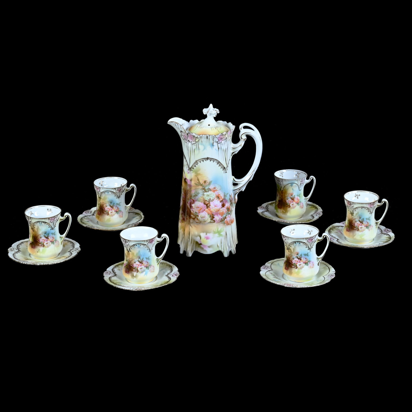 Chocolate Set, Marked R.S. Prussia, Icicle Mold: Chocolate Set, Marked R.S. Prussia, Icicle Mold, Spilled Basket Decor, Chocolate Pot, 9.25 x 5.75 x 3.75 Inches, (6) 3.25" x 4.5" Cups And Saucers, Professional Finial Touchup, Private Collection, Ind