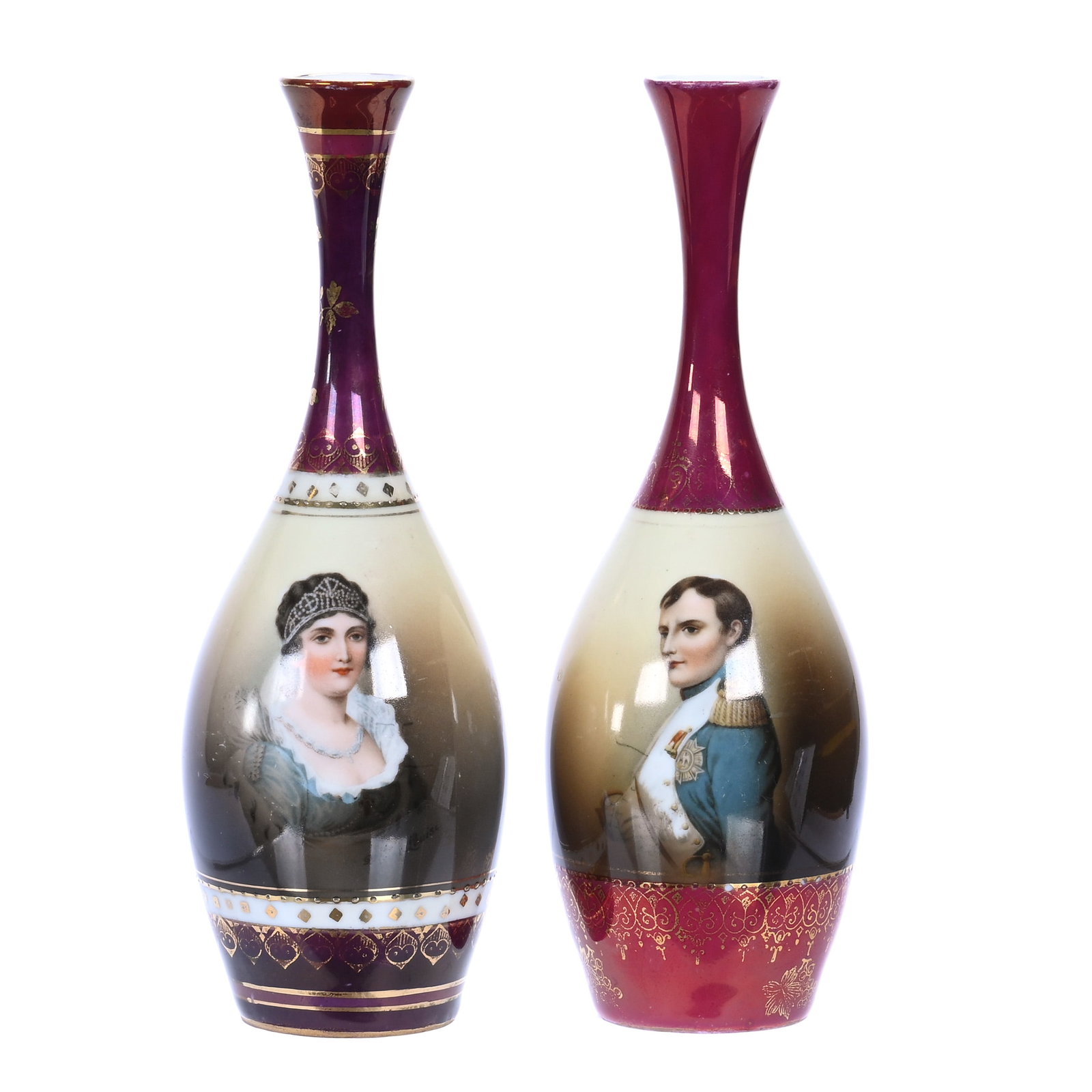 Pair Vases, Marked R.S. Suhl, Napolean And Marie Louise: Pair Vases, Marked R.S. Suhl, Napoleon And Marie Louise Portraits On Brown And Yellow Ground With Maroon Borders And Gold Stencil Highlights, 7.25 x 2.5 x 2.5 Inches, The Dr. James F. Shetlar Estate, 