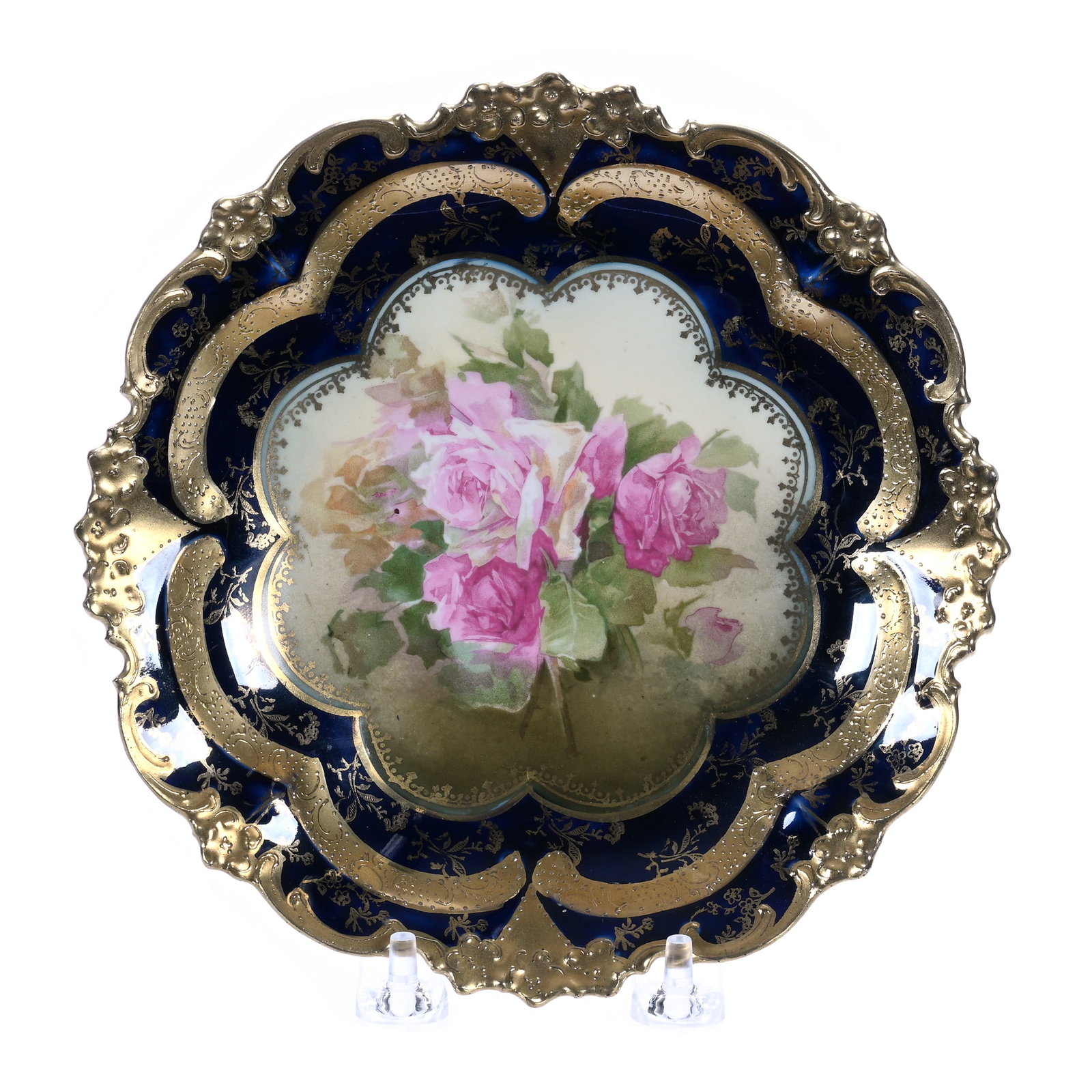 Plate, Marked R.S. Prussia, Mold 56: Plate, Marked R.S. Prussia, Mold 56, Rose Decor On Green Ground With Cobalt Blue Border, Incredible Gold With Tapestry Highlights, 7.5 x 7.5 x 1 Inches, Marlene and the late David Howard, Ohio, 0.5 Po