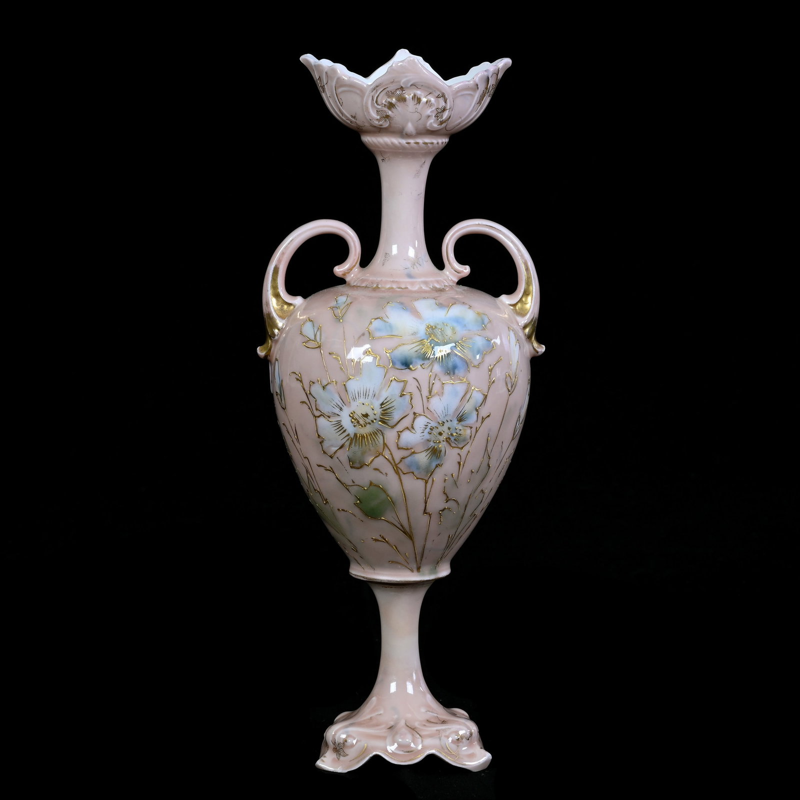 Pedestal Two Handled Vase, Marked R.S. Prussia (Steeple): Pedestal Two Handled Vase, Marked R.S. Prussia (Steeple), Pink Body With Blue And White Floral Decor, 12.5 x 5 x 4.25 Inches, The Dr. James F. Shetlar Estate, Michigan, 1.4 Pounds. Effective 6/6/26, A