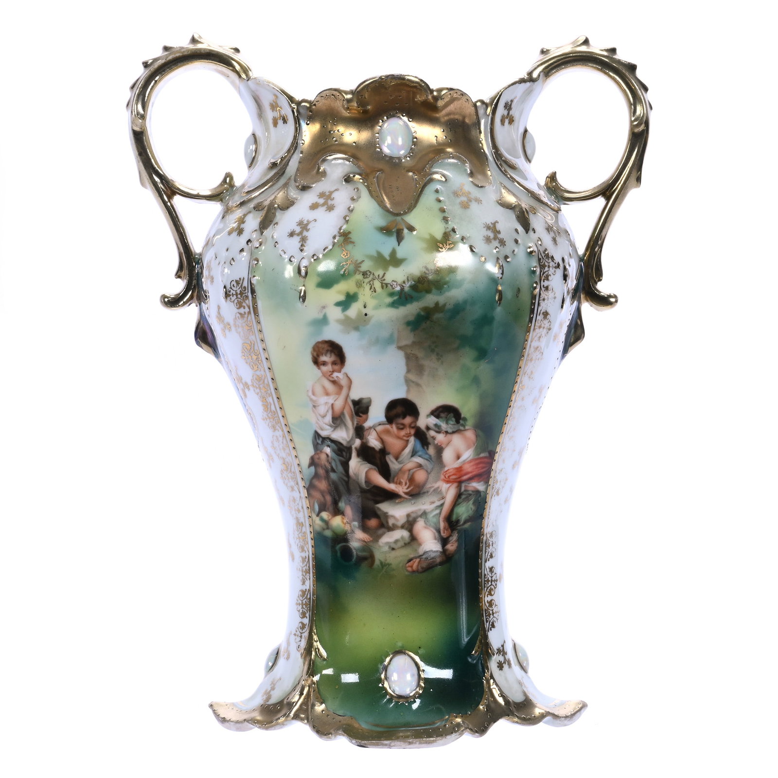 Two Handled Vase, Marked R.S. Prussia, Jewel Mold: Two Handled Vase, Marked R.S. Prussia, Jewel Mold, Melon Eater Scenic Decor, Opal Jewel Highlights, 8 x 6 x 4.5 Inches, Ronald & Carolyn Smith Collection, Ohio, 1.2 Pounds. Effective 6/6/26, All LiveA