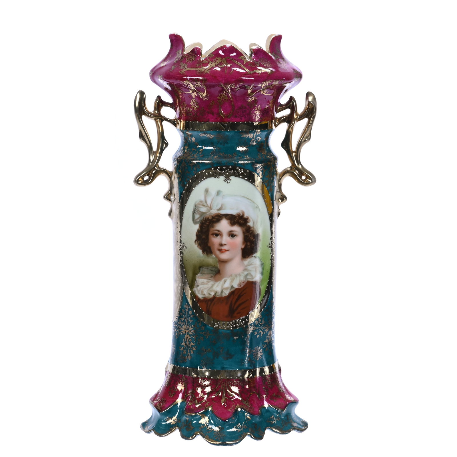 Two Handled Vase, Marked Royal Vienna, Lebrun With Hat Portrait Medallion: Two Handled Vase, Marked Royal Vienna, Lebrun With Hat Portrait Medallion, Cream, Green, And Maroon Border, Extensive Gold Stencil Highlights, 10 x 4.5 x 4.25 Inches, The Dr. James F. Shetlar Estate, 