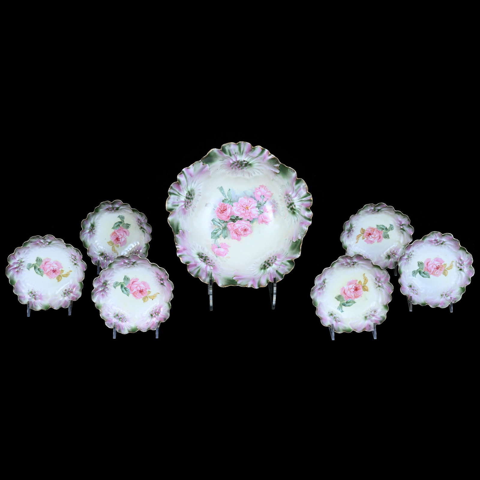 Berry Set, Marked R.S. Prussia, Sunflower Mold: Berry Set, Marked R.S. Prussia, Sunflower Mold, Green, Lavender, And Yellow Satin Finish With Pink Rose Decor, (6) 5" Berry Dishes, One Small Bowl With Base Rim Chip, 9.5 x 9.5 x 3 Inches, Ronald & Ca