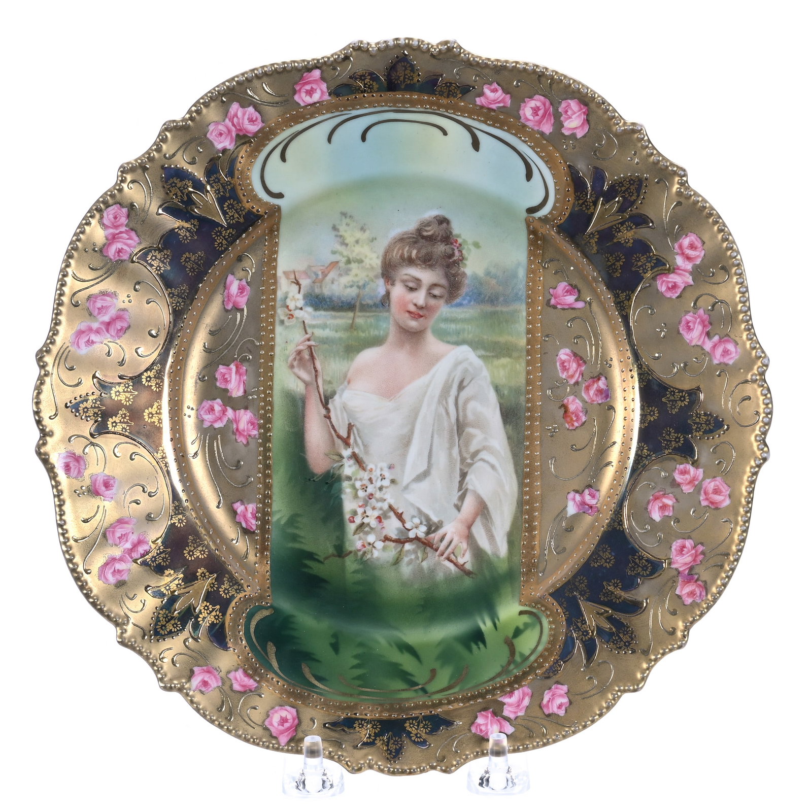 Plate, Marked R.S. Prussia, Mold 343: Plate, Marked R.S. Prussia, Mold 343, Spring Season Keyhole Portrait, Iridescent And Gold Border, 9 x 9 x 1 Inches, Ronald & Carolyn Smith Collection, Ohio, 0.7 Pounds. Effective 6/6/26, All LiveAucti