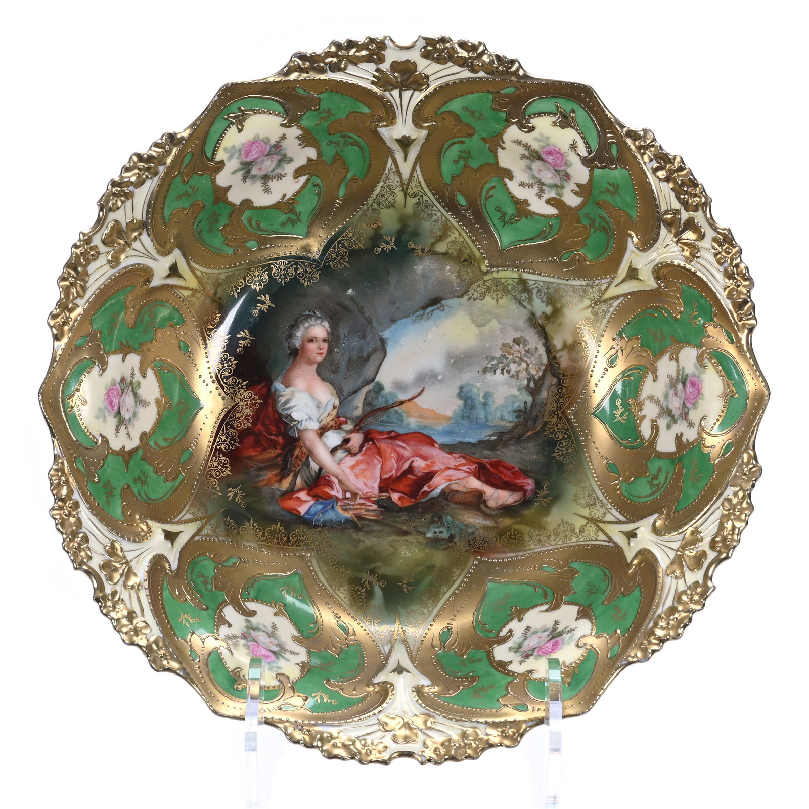 Bowl, Unmarked R.S. Prussia, Point And Clover Mold: Bowl, Unmarked R.S. Prussia, Point And Clover Mold, Diana The Huntress Scenic Decor, Green Border With Floral Medallions And Exceptional Gold Highlights, 10.25 x 10.25 x 2.75 Inches, Ronald & Carolyn 