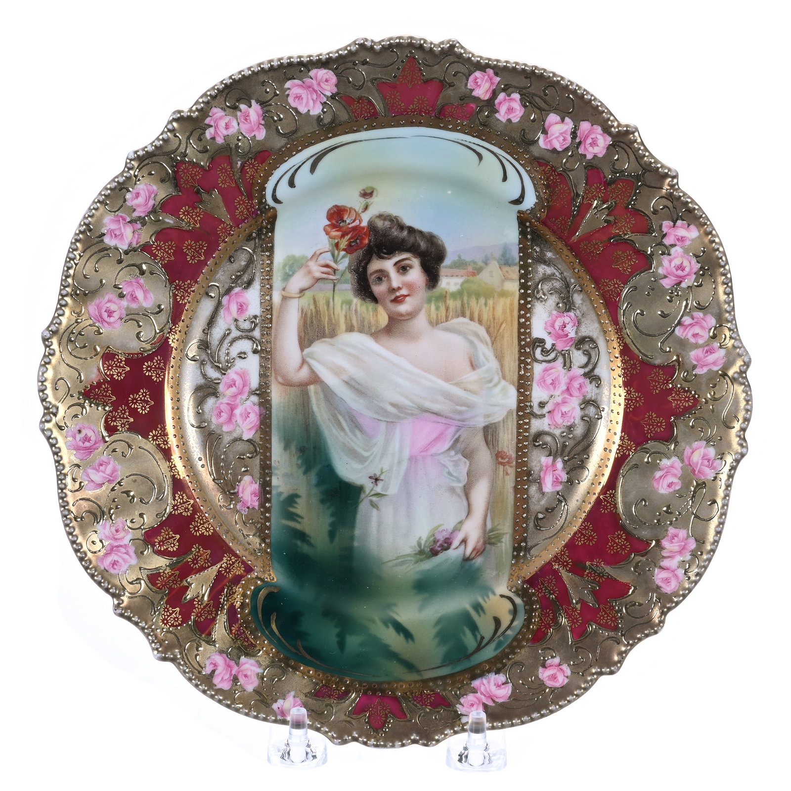 Plate, Marked R.S. Prussia, Mold 343: Plate, Marked R.S. Prussia, Mold 343, Keyhole Summer Season Portrait, Red Border And Heavy Gold, Has Some Light Gold Wear, 9 x 9 x 1 Inches, Private Collection, Indiana, 0.7 Pounds. Effective 6/6/26, 