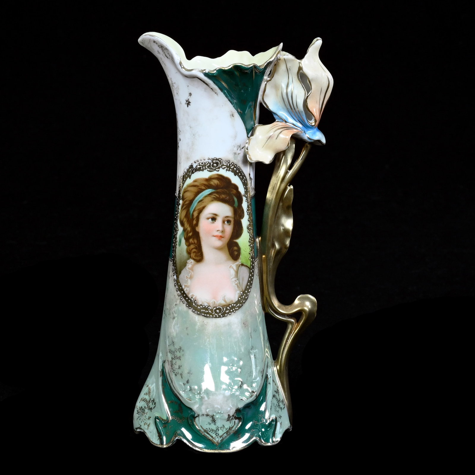 Tulip Handled Pitcher, Marked Royal Vienna: Tulip Handled Pitcher, Marked Royal Vienna, Green Luster Background, Potocka Portrait, Attractive!, 9 x 4.25 x 3.5 Inches, Marlene and the late David Howard, Ohio, 0.7 Pounds. Effective 6/6/26, All Li