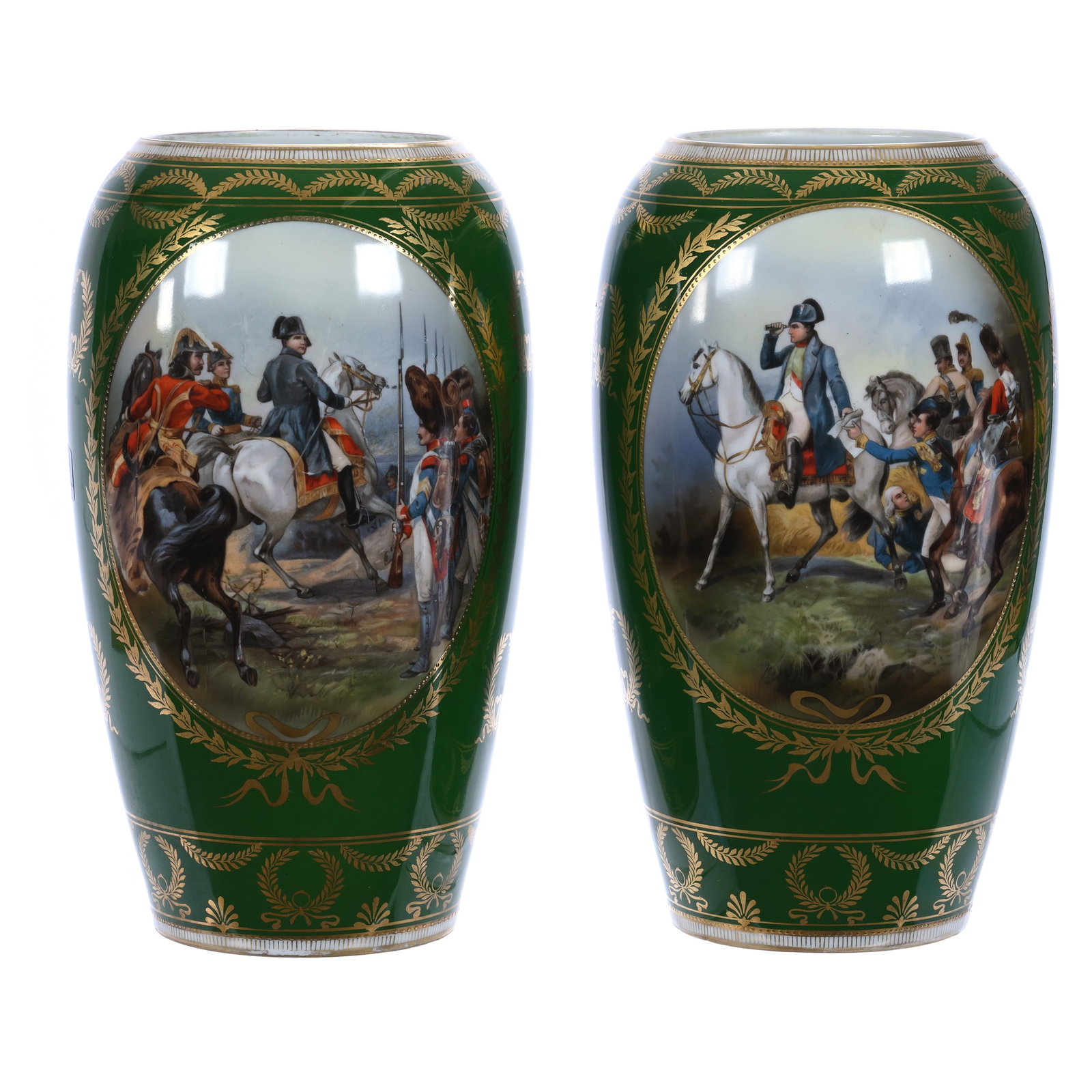 Pair Vases, Marked R.S. Suhl: Pair Vases, Marked R.S. Suhl, Napoleonic Scenic Decors, Green Background With Gold Stencil Highlights, 10.25 x 6 x 6 Inches, The Dr. James F. Shetlar Estate, Michigan, 5.2 Pounds. Effective 6/6/26,