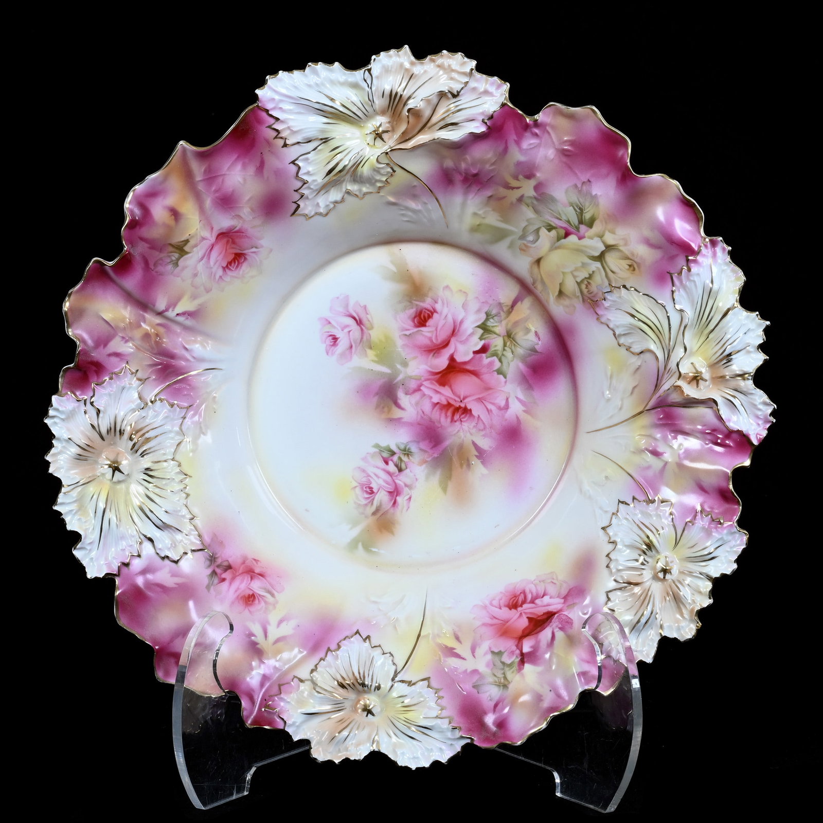Center Bowl, Marked R.S. Prussia, Carnation Mold: Center Bowl, Marked R.S. Prussia, Carnation Mold, Pink And Yellow Tones With Pink And Yellow Rose Decor, 15 x 15 x 3.5 Inches, Ronald & Carolyn Smith Collection, Ohio, 2.5 Pounds. Effective 6/6/26,