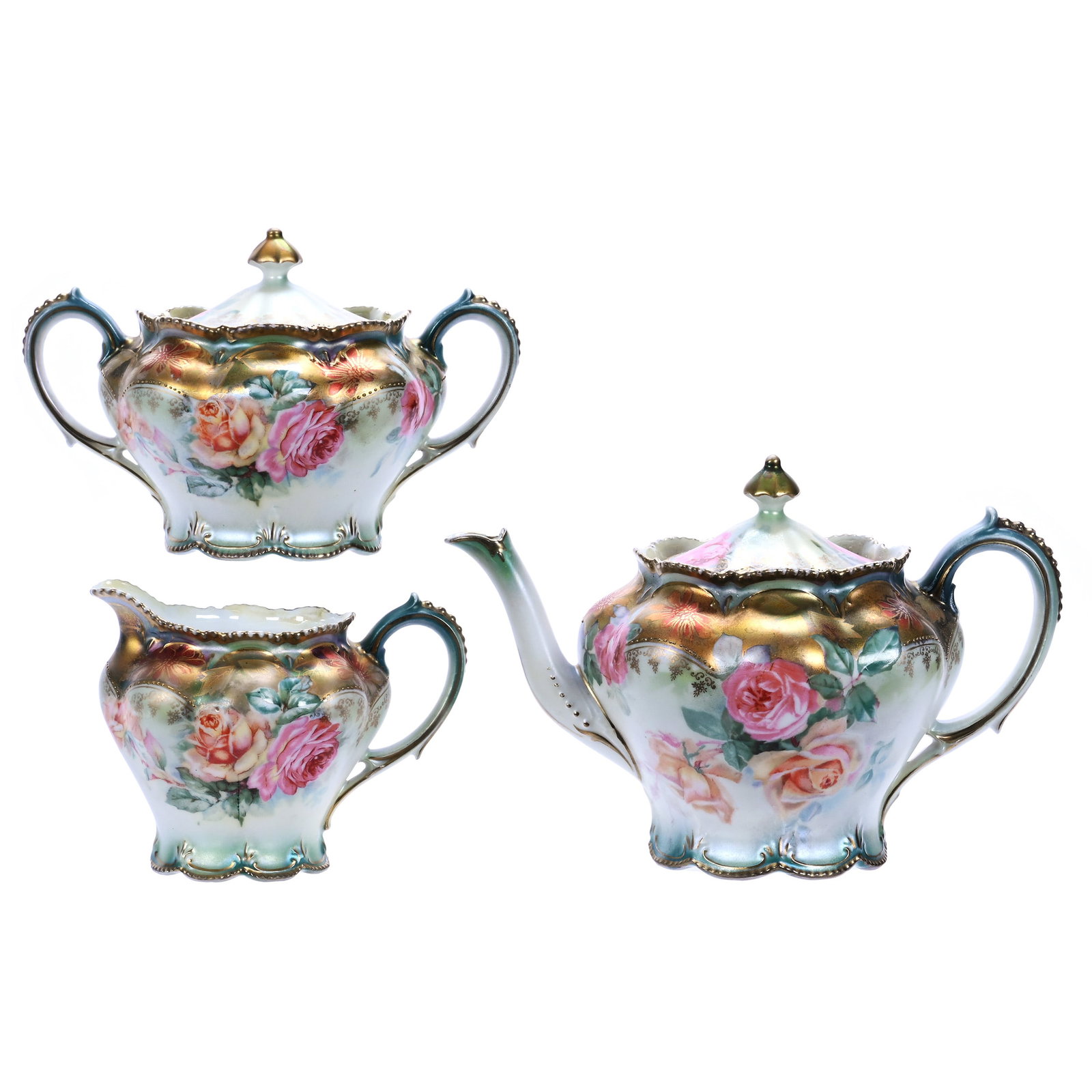 Tea Set, Marked R.S. Prussia: Tea Set, Marked R.S. Prussia, Green And White Satin With Iridescent Gold Border And Rose Decor, Set Includes Tea Pot, Creamer, And Sugar, 5.25 x 8 x 5 Inches, Ronald & Carolyn Smith Collection, Ohio, 