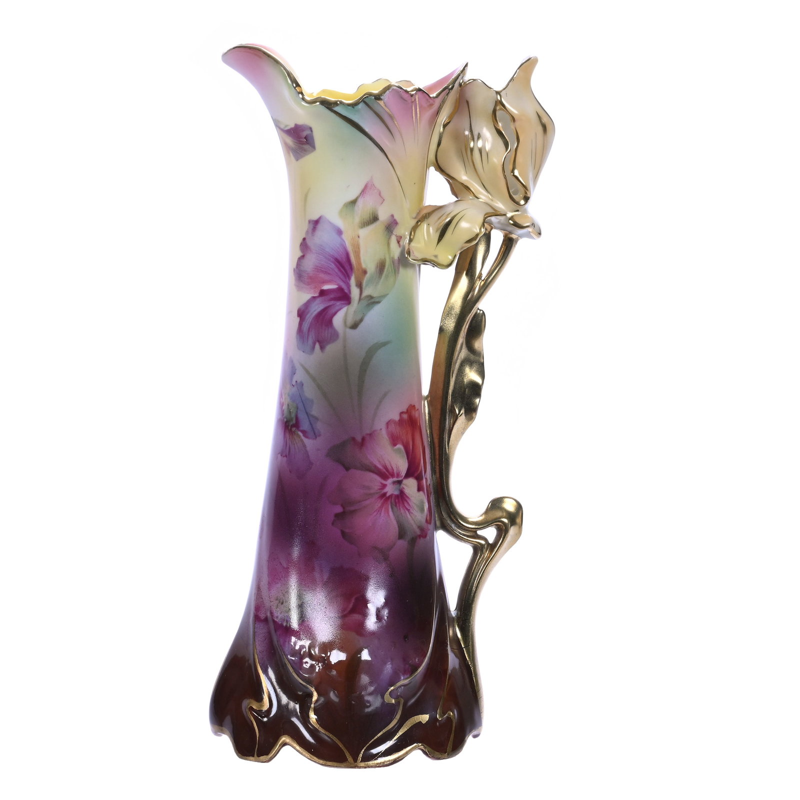 Tulip Handled Pitcher, Marked Royal Vienna: Tulip Handled Pitcher, Marked Royal Vienna, Brown, Pink, And Yellow Tones, Floral Decor, Great Form!, 9 x 4.25 x 3.5 Inches, Marlene and the late David Howard, Ohio, 0.9 Pounds. Effective 6/6/26, All 