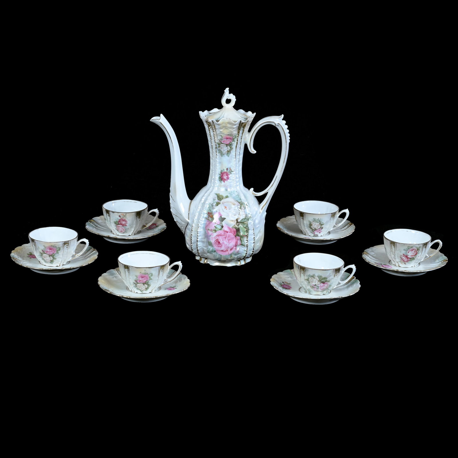 Demitasse Set, Marked R.S. Prussia, Mold 536: Demitasse Set, Marked R.S. Prussia, Mold 536, White And Green Satin Finish With Pink And White Rose Decor, Pot, 9.25 x 7.25 x 4 Inches, (6) 1.75" x 4.5" Cups And Saucers, Glaze Nicks On The Base Of Th