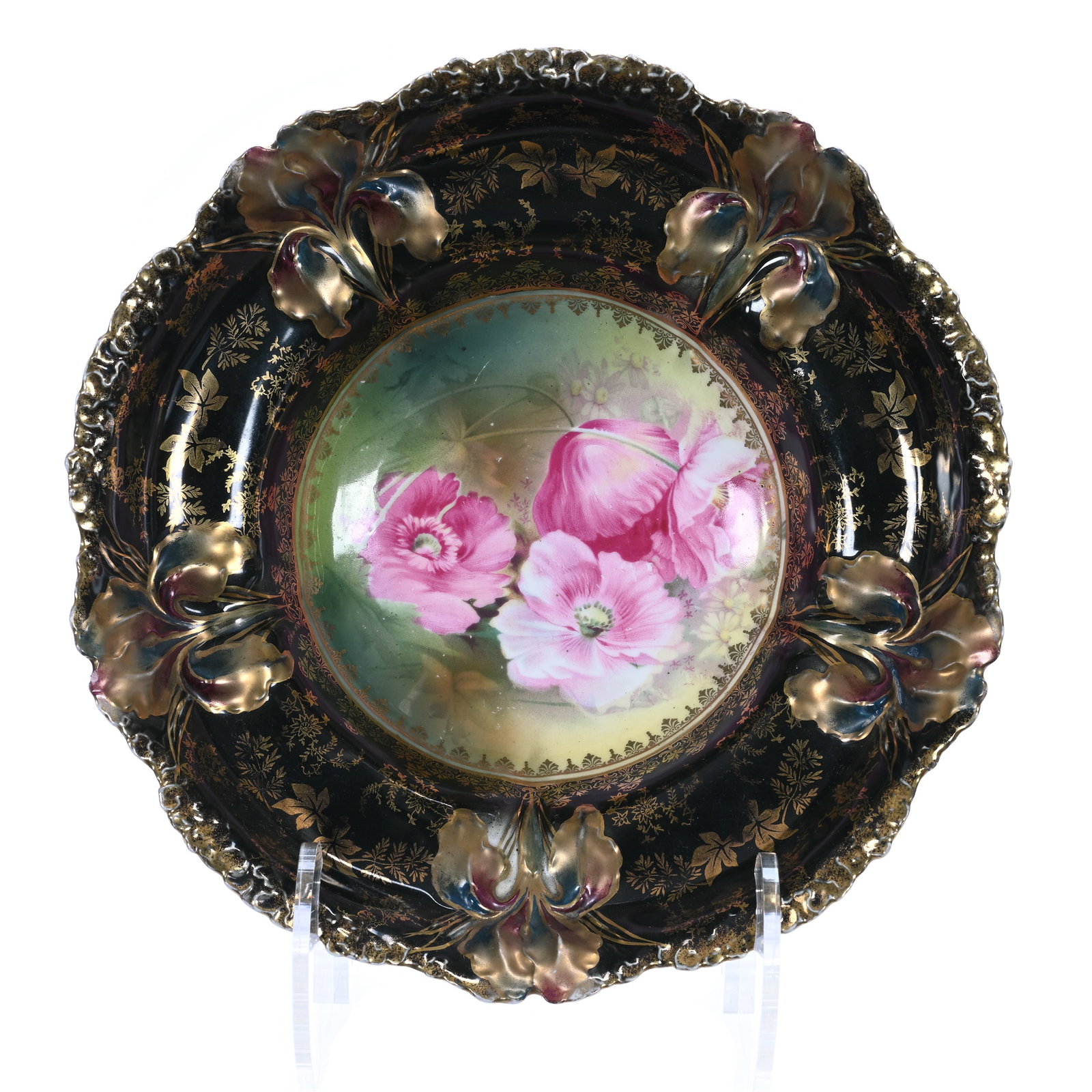 Bowl, Marked R.S. Prussia, Iris Mold: Bowl, Marked R.S. Prussia, Iris Mold, Pink Poppy Decor On Green And Yellow Ground, Beautiful Black Border With Extensive Gold Stencil Highlights, Nice Quality, 10.25 x 10.25 x 3.25 Inches, Ronald & Ca