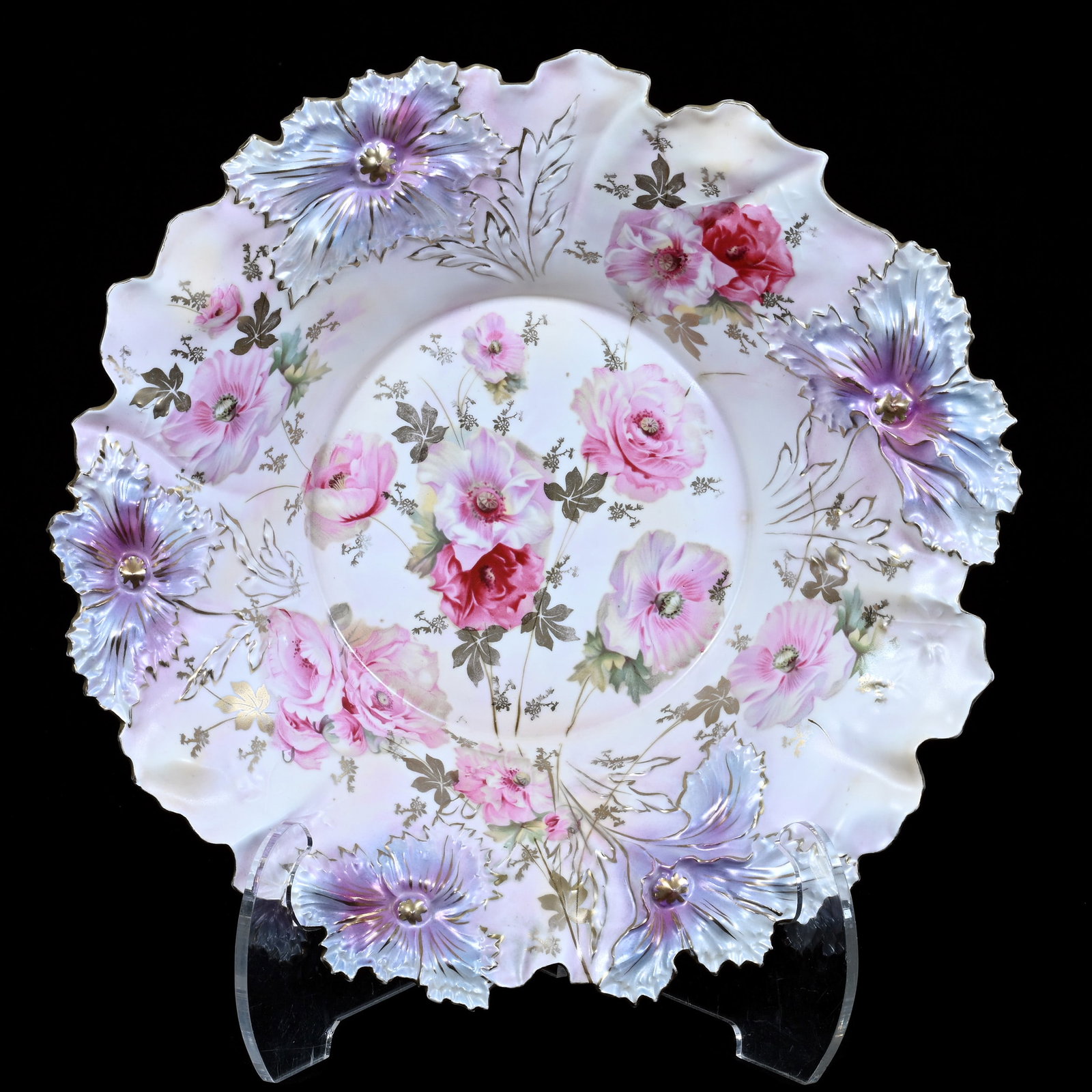 Center Bowl, Marked R.S. Prussia, Carnation Mold: Center Bowl, Marked R.S. Prussia, Carnation Mold, Pink And Lavender Satin Finish With Pink Poppy Decor, Nice Gold Stencil Highlights, 15 x 15 x 3.5 Inches, Ronald & Carolyn Smith Collection, Ohio, 2.7