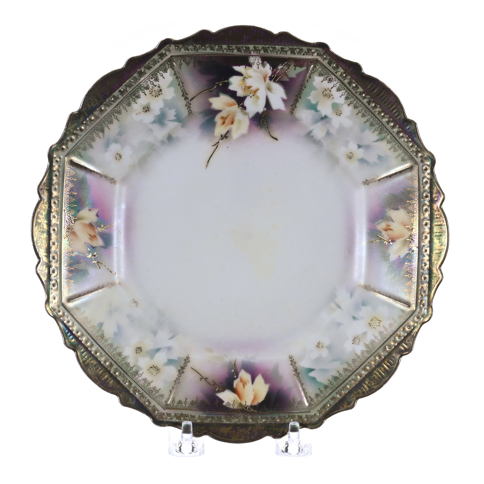 Plate, Marked R.S. Prussia: Plate, Marked R.S. Prussia, Branch And Blossom With Iridescent Tiffany And Satin Finish, Gold Stencil, 8.75 x 8.75 x 1 Inches, Private Collection, Indiana, 0.5 Pounds. Effective 6/6/26, All LiveAuctio