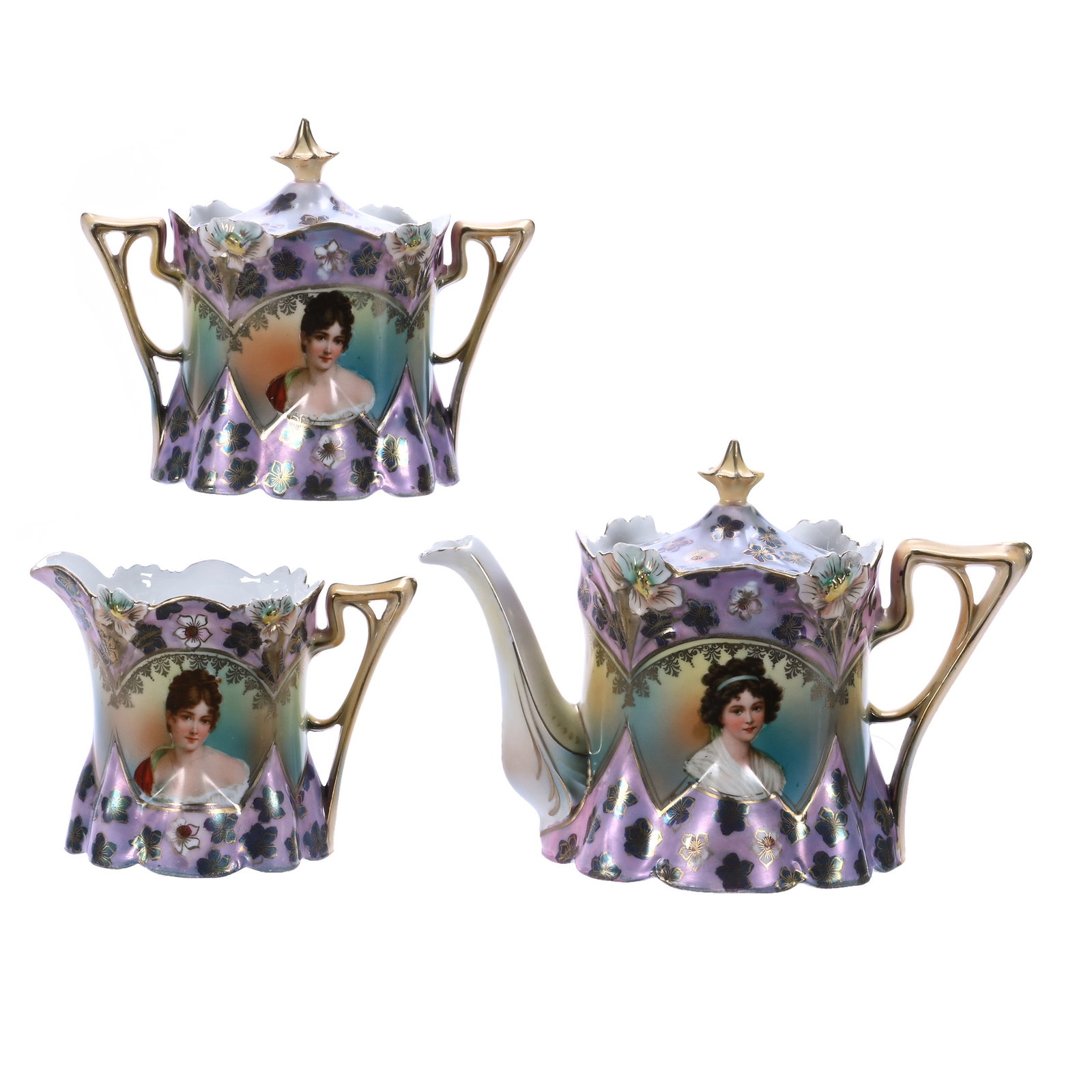 Tea Set, Marked Royal Vienna Germany, Lily Mold: Tea Set, Marked Royal Vienna Germany, Lily Mold, Portraits Of Lebrun With Ribbon And Recamier, Lavender Satin Border With Tiffany Floral Highlights, Teapot Finial Has One Scallop Point With Repair, Su