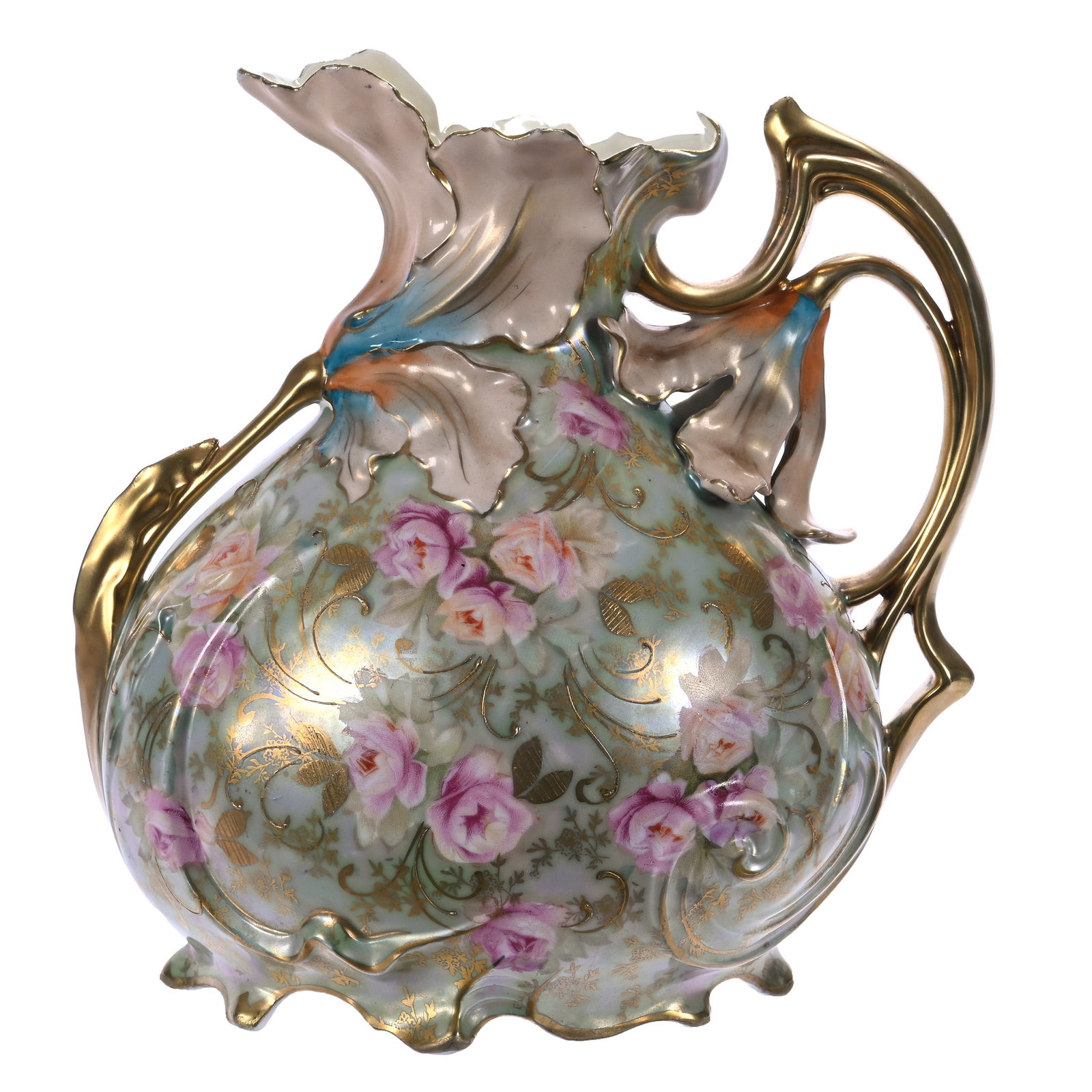 Iris Handled Ewer, Marked Royal Vienna Germany: Iris Handled Ewer, Marked Royal Vienna Germany, Green Satin With Pink Rose Decor, Nice Gold Highlights, 8.25 x 8 x 5 Inches, Private Collection, Indiana, 1.5 Pounds. Effective 6/6/26, All LiveAuctione