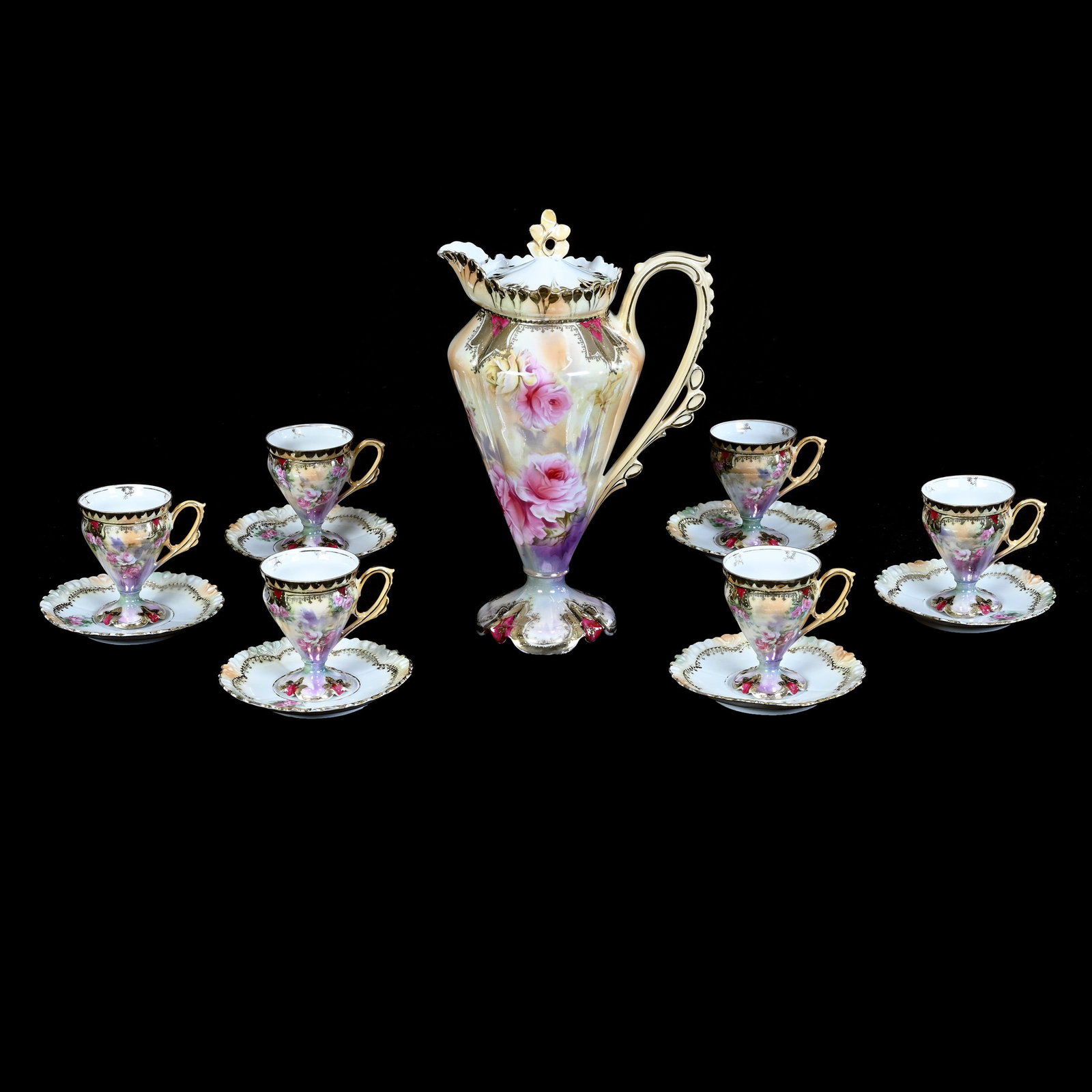 Chocolate Set, Marked R.S. Prussia, Mold 608: Chocolate Set, Marked R.S. Prussia, Mold 608, Orange, Yellow, And Green Luster Finish With Pink And Yellow Rose Decor, Red And Gold Highlights, Chocolate Pot, 10.25 x 6.25 x 4.5 Inches, (6) 3.25" x 4.