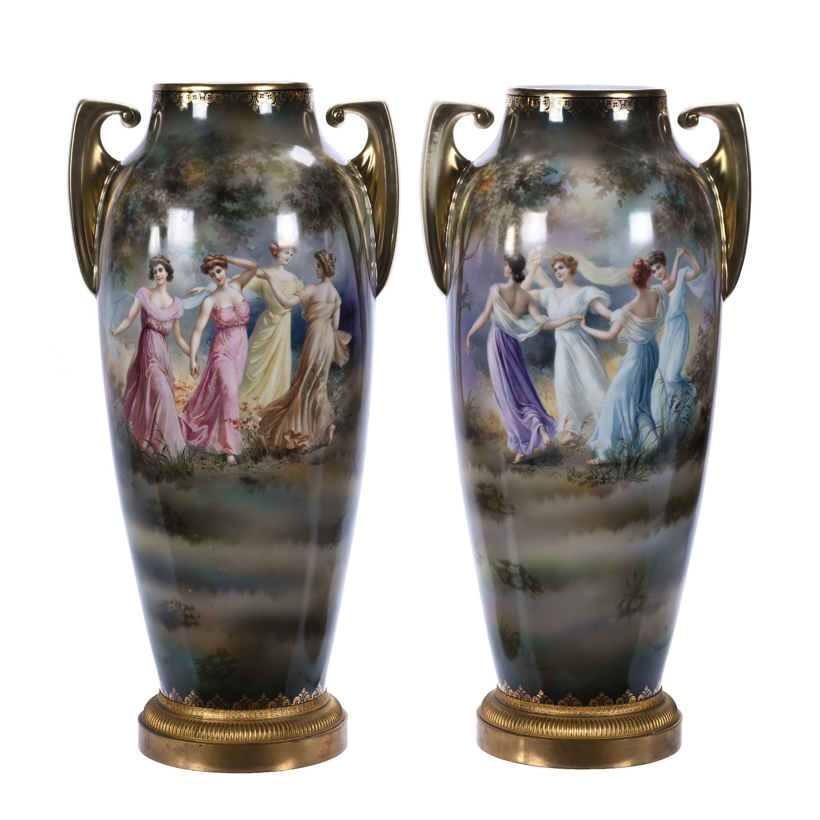Pair Of Two Handled Vases, Marked R.S. Suhl: Pair Of Two Handled Vases, Marked R.S. Suhl, Colorful Dancing Maidens Scenic Decors On Green And Yellow Forest Ground, Original Attached Metal Base, Nice Pair, 18.25 x 8.5 x 7.25 Inches, The Dr. James