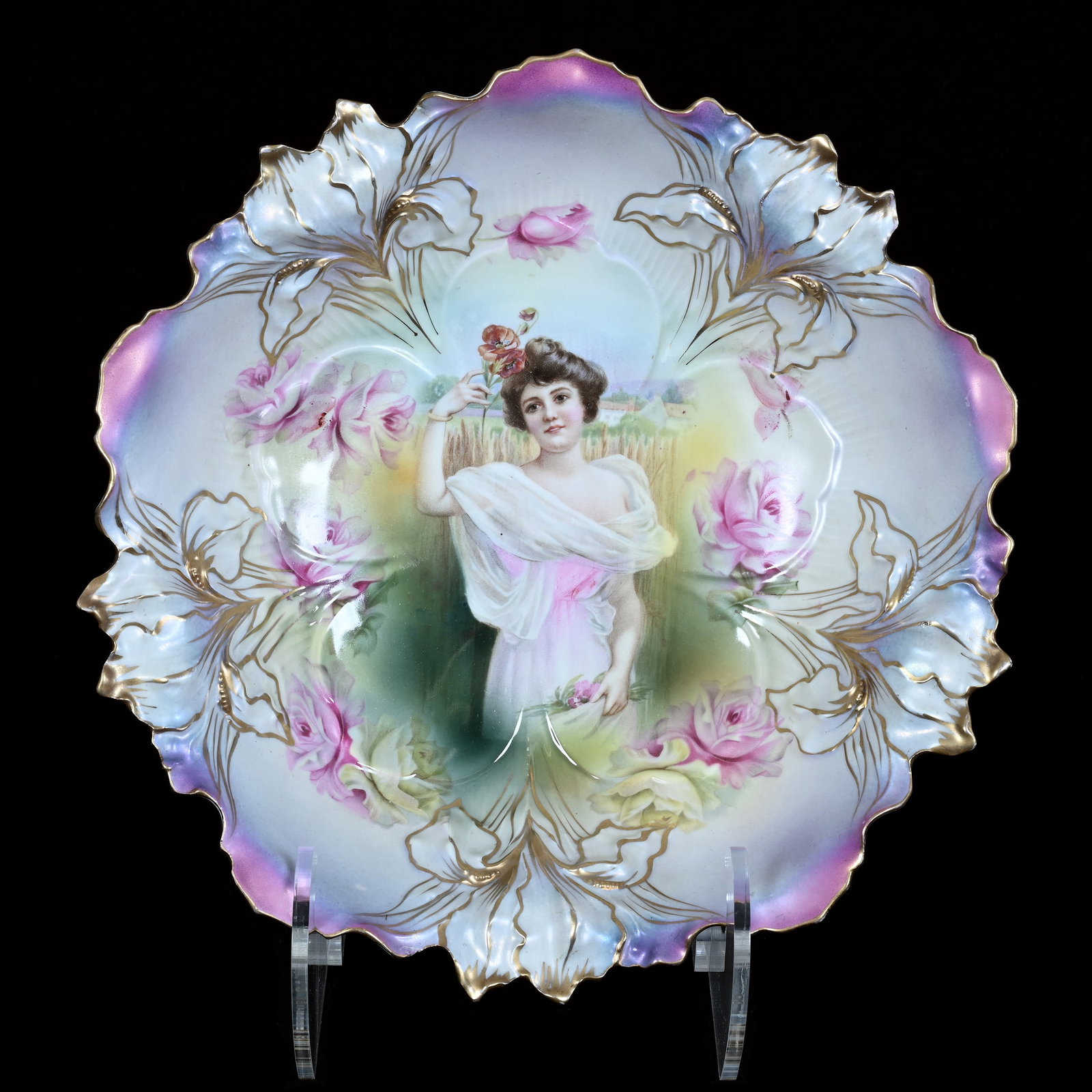 Bowl, Marked R.S. Prussia, Iris Mold: Bowl, Marked R.S. Prussia, Iris Mold, Summer Season Portrait, Pink, Lavender, And White Satin Finish, 10.5 x 10.5 x 3 Inches, Ronald & Carolyn Smith Collection, Ohio, 1.2 Pounds. Effective 6/6/26, All