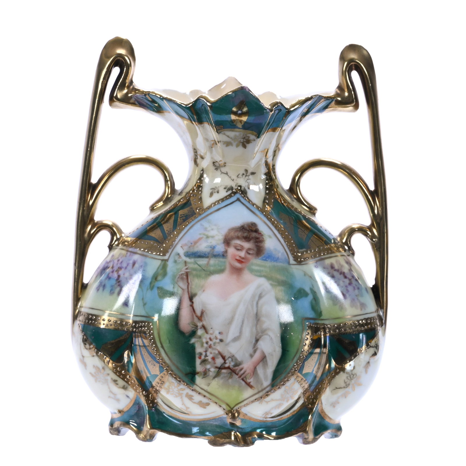 Two Handled Vase, Marked R.S. Prussia, Spring Season Portrait, (Salesman Sample): Two Handled Vase, Marked R.S. Prussia, Spring Season Portrait, (Salesman Sample), Green And Yellow Luster Background With Floral And Gold Highlights, 5 x 4 x 2.5 Inches, Marlene and the late David How