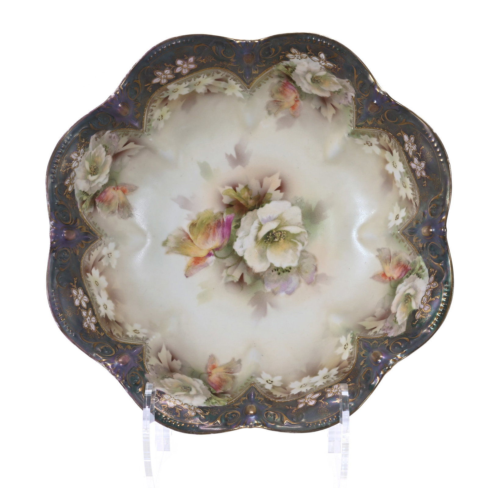 Dome Footed Bowl, Marked R.S. Prussia: Dome Footed Bowl, Marked R.S. Prussia, Cream And Green Satin Finish With White Poppy Decor, Iridescent Tiffany Border, Nice Gold Highlights, 10.75 x 10.75 x 4 Inches, Ronald & Carolyn Smith