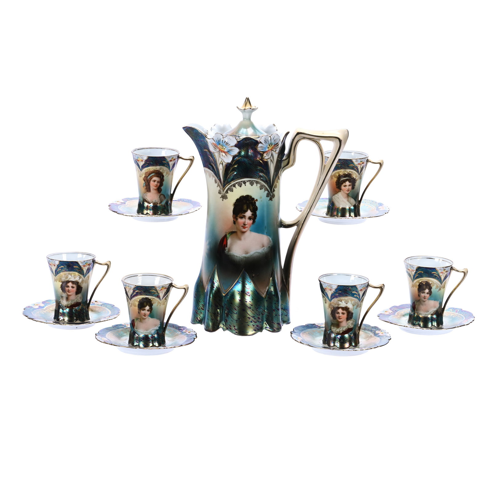 Chocolate Set, Unmarked Prussia, Lily Mold, Exceptional Iridescent Peacock Tiffany Border (1 of 4)