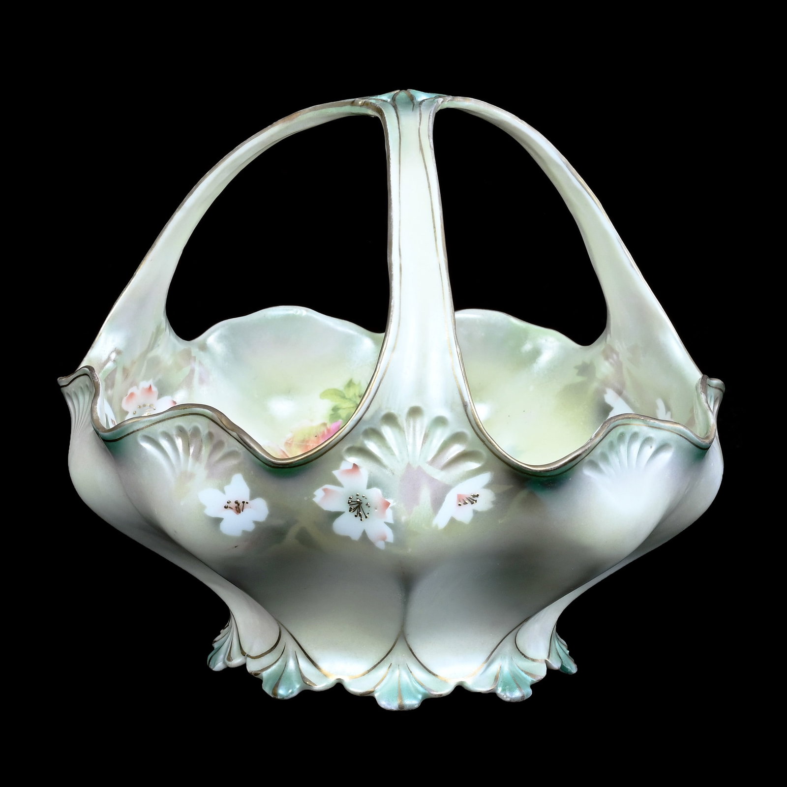 Three Handled Basket, Marked R.S. Prussia: Three Handled Basket, Marked R.S. Prussia, Two-Toned Green Satin Finish With Poppy Decor, 7.5 x 8.75 x 8.75 Inches, Ronald & Carolyn Smith Collection, Ohio, 1.4 Pounds. Effective 6/6/26, All