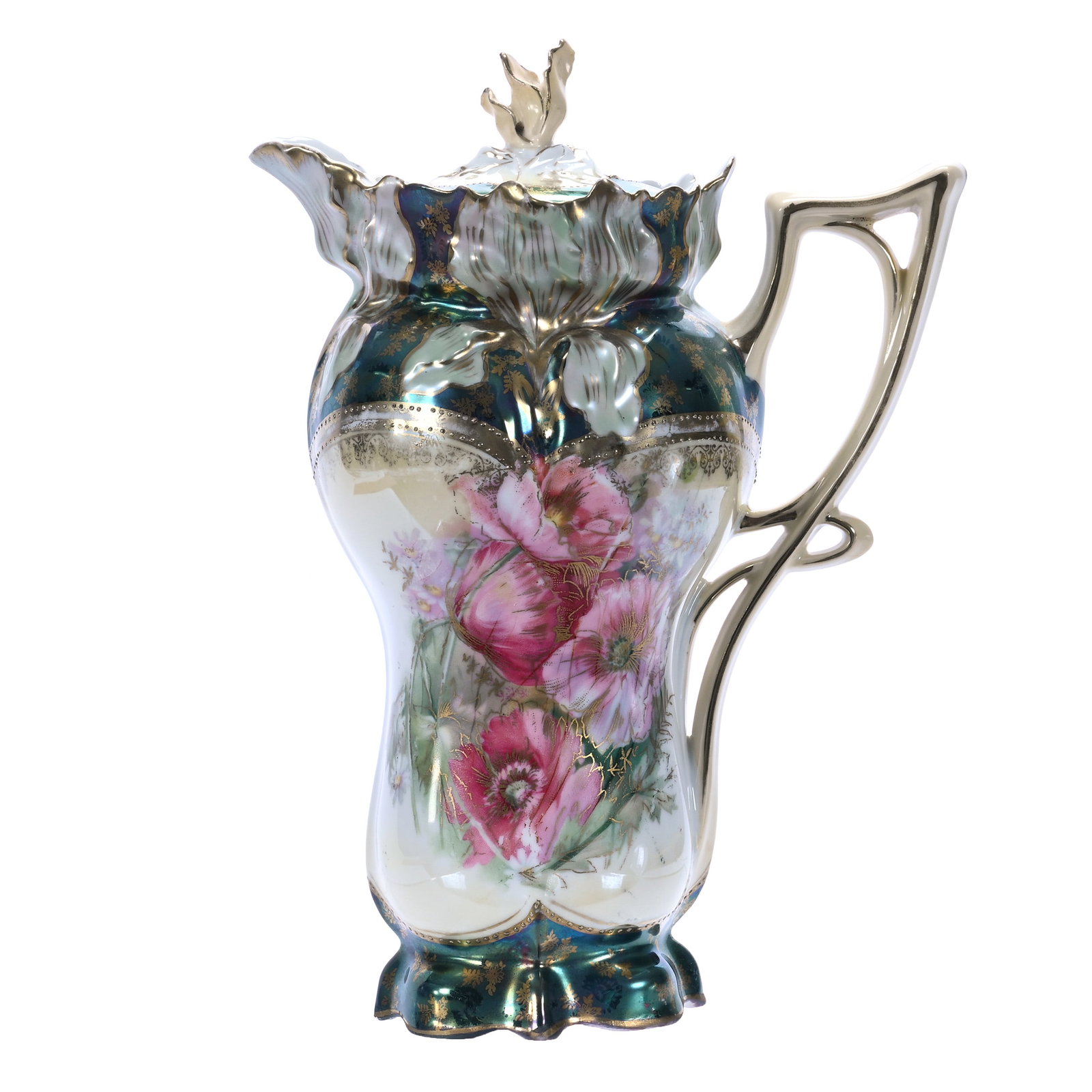 Chocolate Pot, Marked R.S. Prussia, Iris Mold: Chocolate Pot, Marked R.S. Prussia, Iris Mold, Pink Poppy Decor With Yellow And White Ground, Highly Iridescent Tiffany Border And Gold Stencil Highlights, Bottom Side Rim Touchup On Lid, 10 x 7.25 x