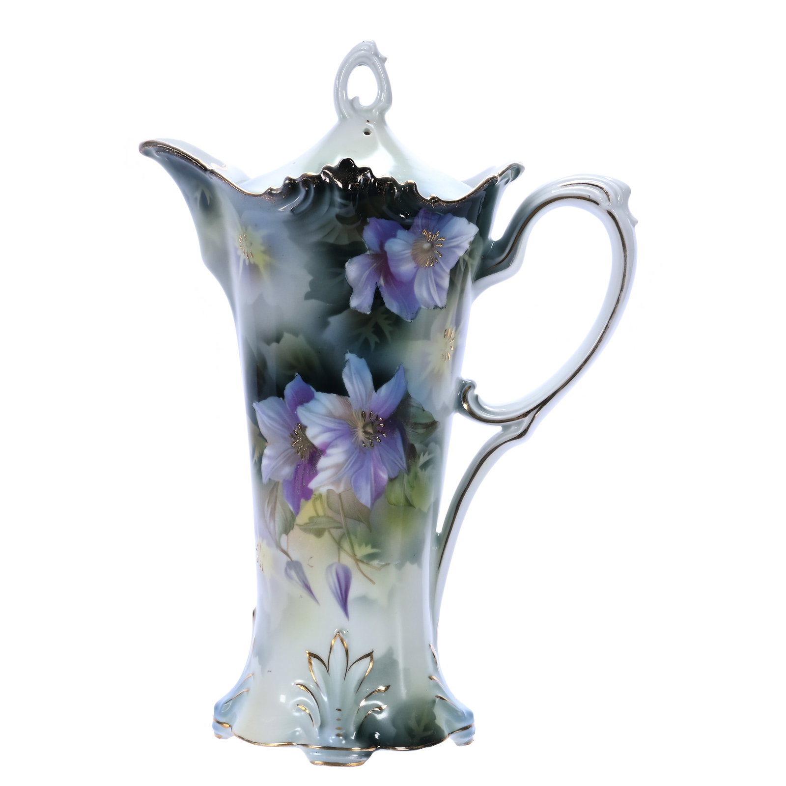 Chocolate Pot, Marked R.S. Prussia, Mold 646: Chocolate Pot, Marked R.S. Prussia, Mold 646, Green And Yellow Tones With Violet Decor, Rim Chip, 10.75 x 7.75 x 4.5 Inches, Private Collection, Indiana, 1.5 Pounds. Effective 6/6/26, All LiveAuctione