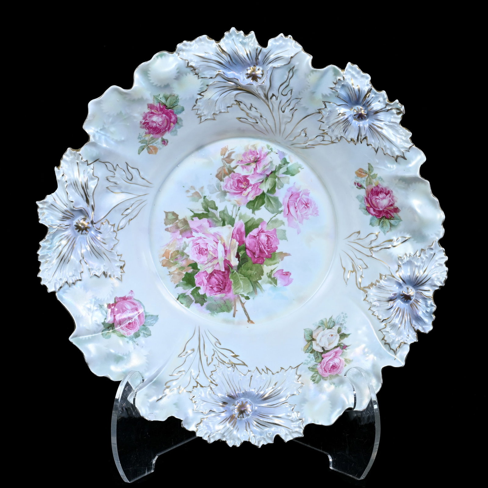 Center Bowl, Marked R.S. Prussia, Carnation Mold: Center Bowl, Marked R.S. Prussia, Carnation Mold, White, Lavender, And Green Satin Finish With Pink Rose Decor, Surface Glaze Chip And Large Rim Chip, 15 x 15 x 3.5 Inches, The Dr. James F. Shetlar Es
