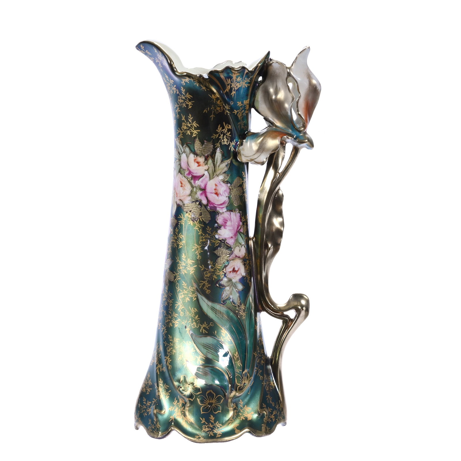 Tulip Handled Pitcher, Marked Royal Vienna: Tulip Handled Pitcher, Marked Royal Vienna, Iridescent Tiffany Finish With Rose Decor, Nice Gold Stencil Highlights, Small Rim Chip And Small Handle Nick, 9 x 4.25 x 3.5 Inches, Marlene and the late D