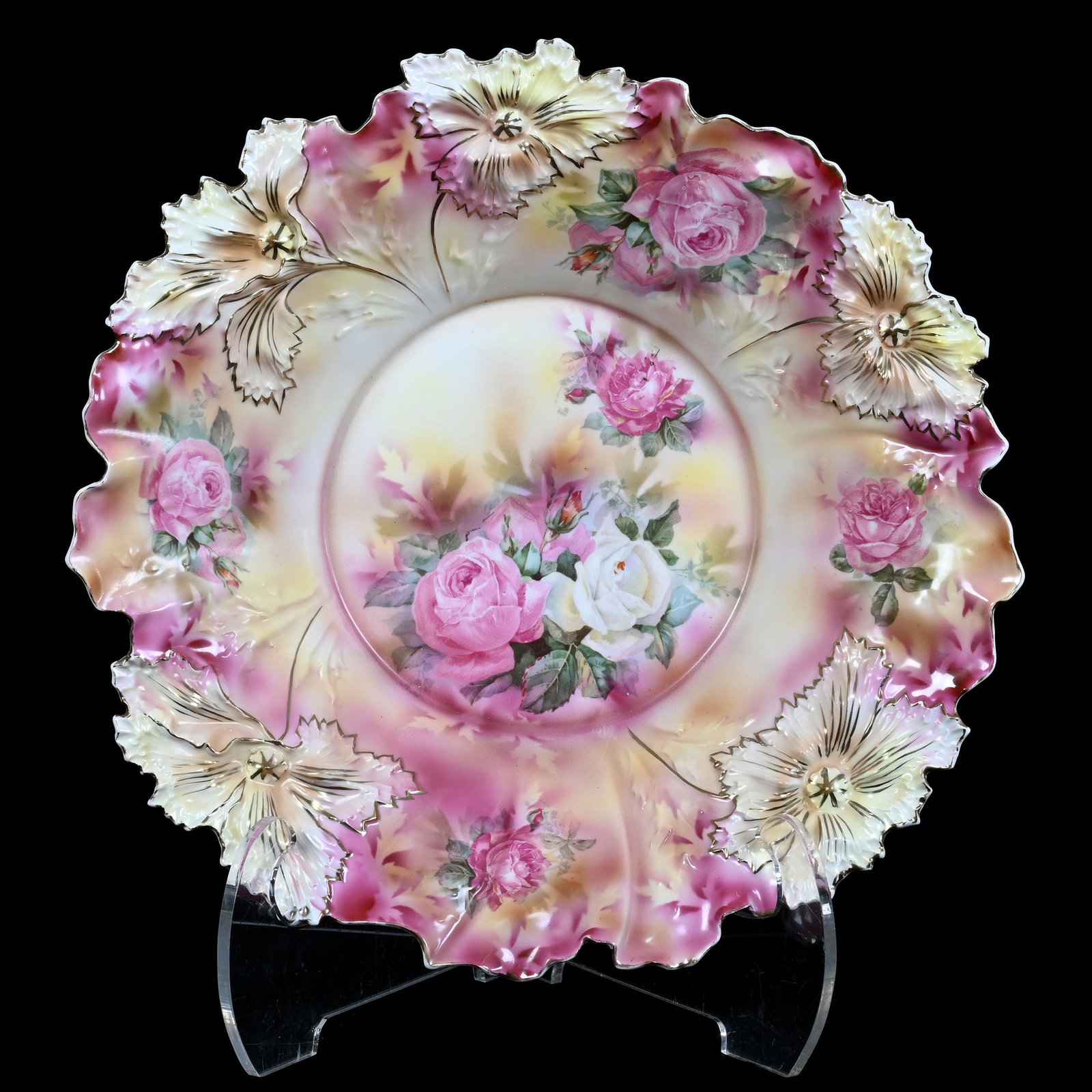 Center Bowl, Marked R.S. Prussia, Carnation Mold: Center Bowl, Marked R.S. Prussia, Carnation Mold, Pink And Yellow Tones With Pink And White Rose Decor, 15 x 15 x 3.5 Inches, Ronald & Carolyn Smith Collection, Ohio, 2.8 Pounds. Effective 6/6/26, All