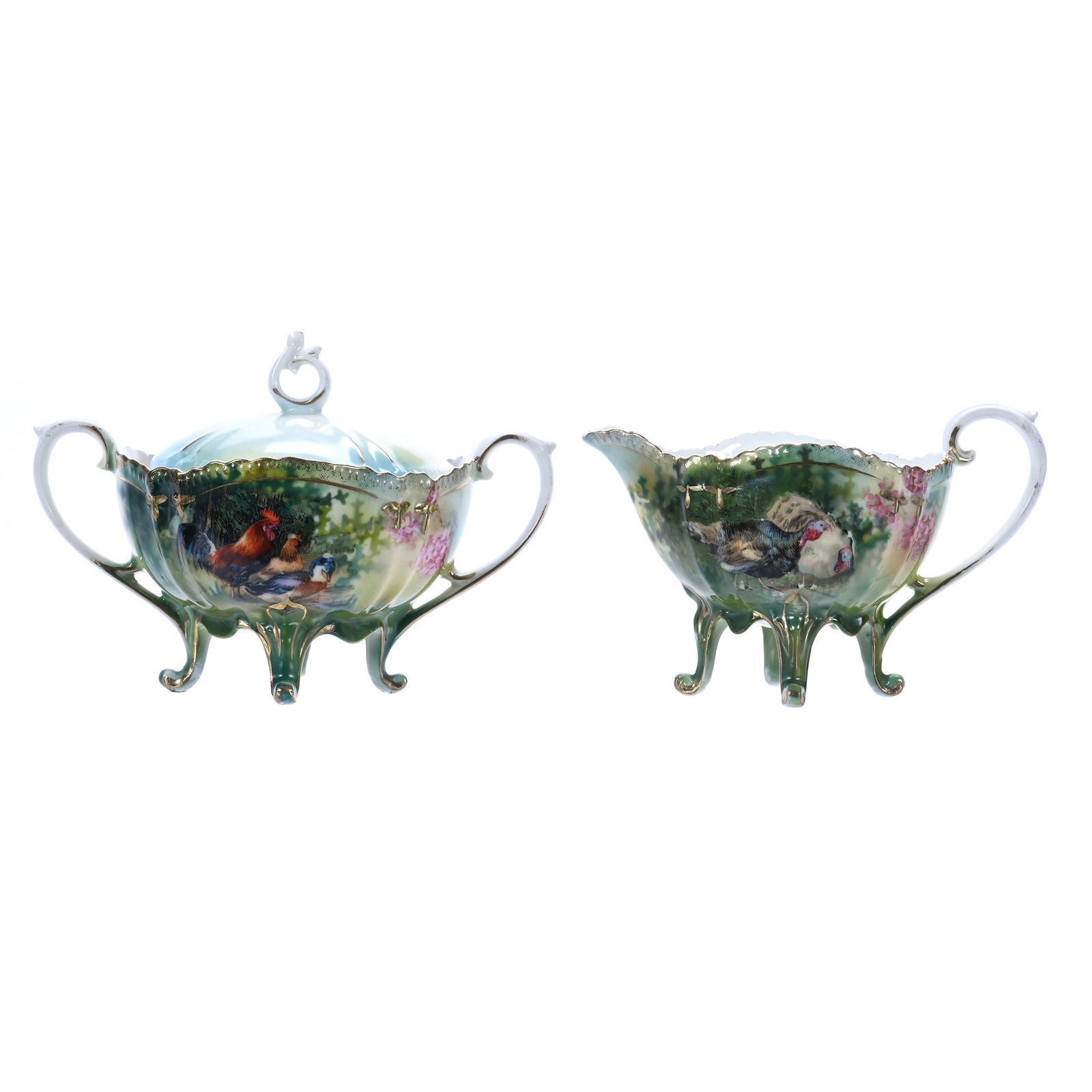 Footed Creamer And Sugar, Prussia (Wheelock Trademark): Footed Creamer And Sugar, Prussia (Wheelock Trademark), Farmyard And Turkey Scenic Decor, Green, Yellow, And Blue Tones, 4.25 x 6.25 x 4.25 Inches, Private Collection, Indiana, 0.7 Pounds. Effective 6