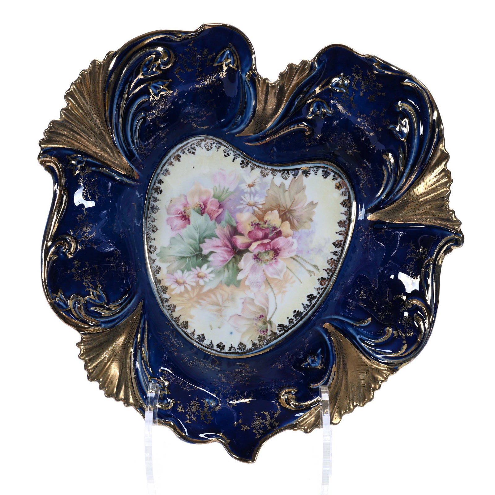 Heart Shaped Bowl, Unmarked R.S. Prussia: Heart Shaped Bowl, Unmarked R.S. Prussia, Cream Center With Wild Floral Decor, Cobalt Blue Border With Strong Gold Highlights, 10.5 x 10.5 x 2.75 Inches, Private Collection, Indiana, 1.2 Pounds. Effec