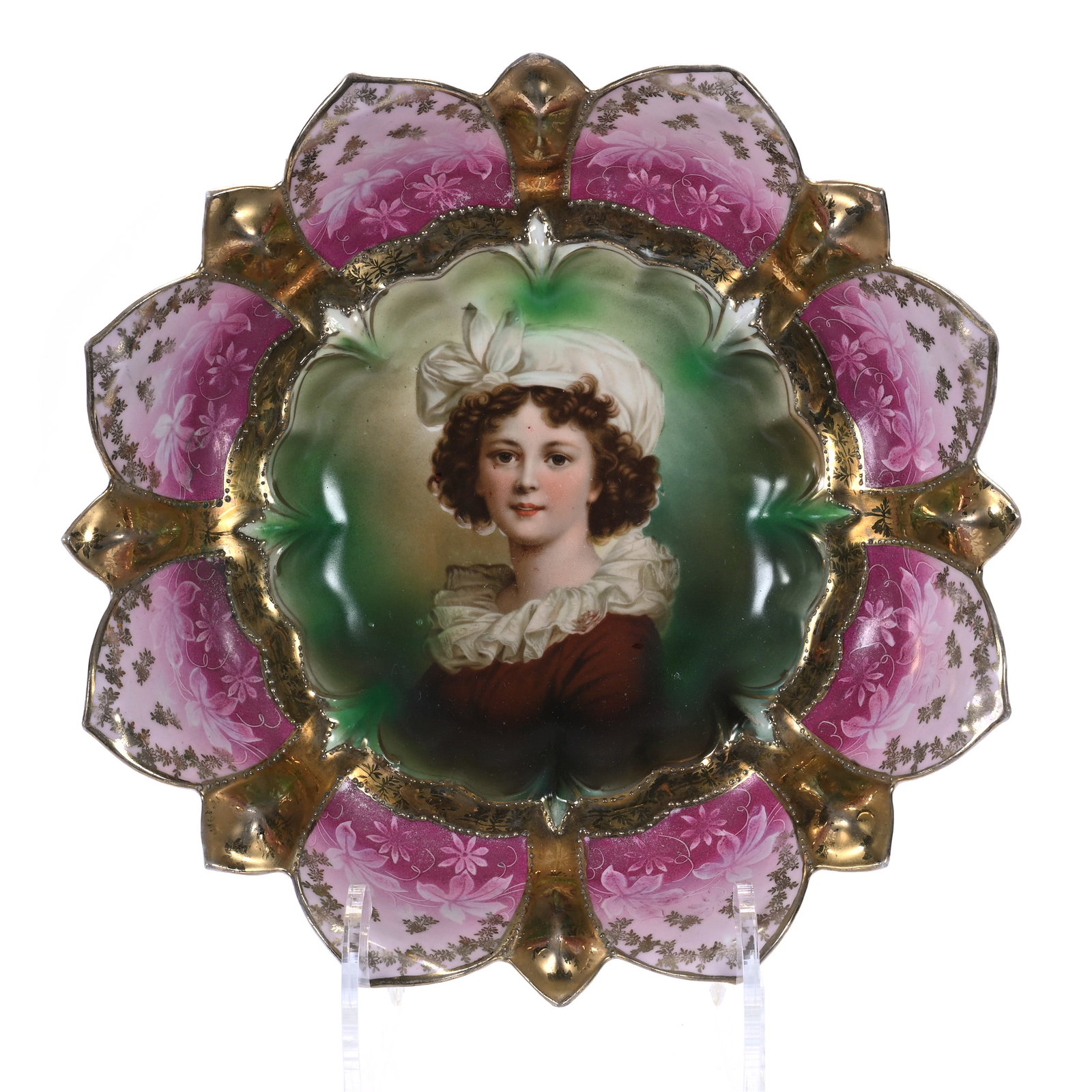 Bowl, Unmarked R.S. Prussia: Bowl, Unmarked R.S. Prussia, Lebrun With Hat Portrait On Green Ground, Two-Tone Pink Border, Gold Stencil Highlights, 10.5 x 10.5 x 3 Inches, Ronald & Carolyn Smith Collection, Ohio, 1.1 Pound. Effect